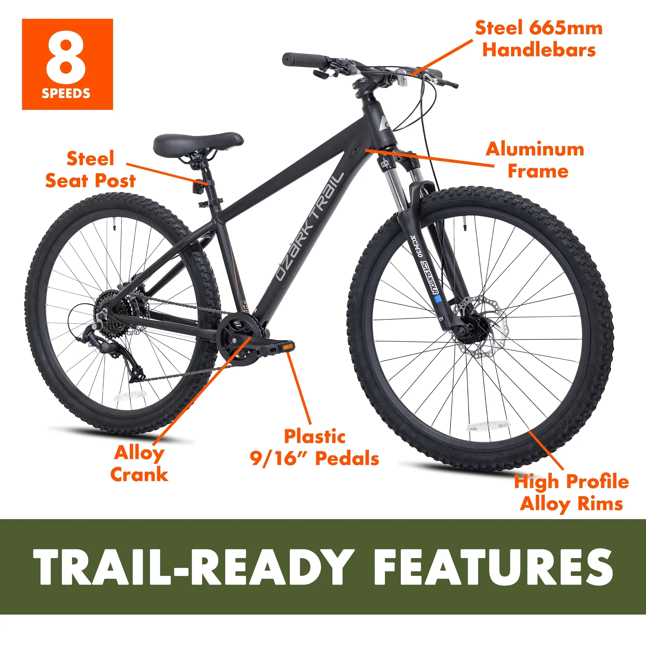 Ozark Trail 27.5 Vibe Mountain Bicycle, Small Frame, Fits Riders 5'0 - 5'6, Black, Adult, Unisex
