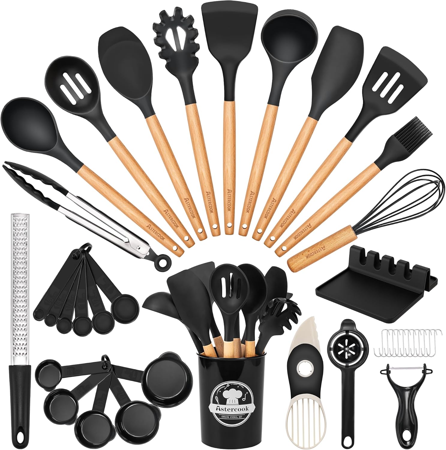 Astercook 39 PCS Kitchen Utensils Set, Silicone Cooking Utensil Sets with Wooden Handle, 446 ° F Heat Resistant Food Grade Spatula Set, BPA Free Kitchen Gadgets Tools Set & Spoons for Nonstick Cookware