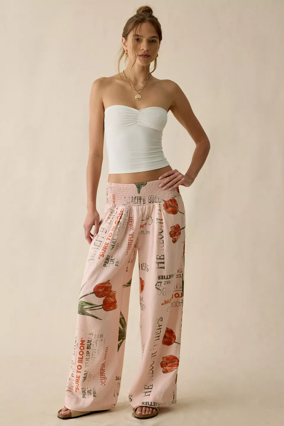 Kimchi Blue Caroline Smocked Wide Leg Linen-Blend Pants-Pink