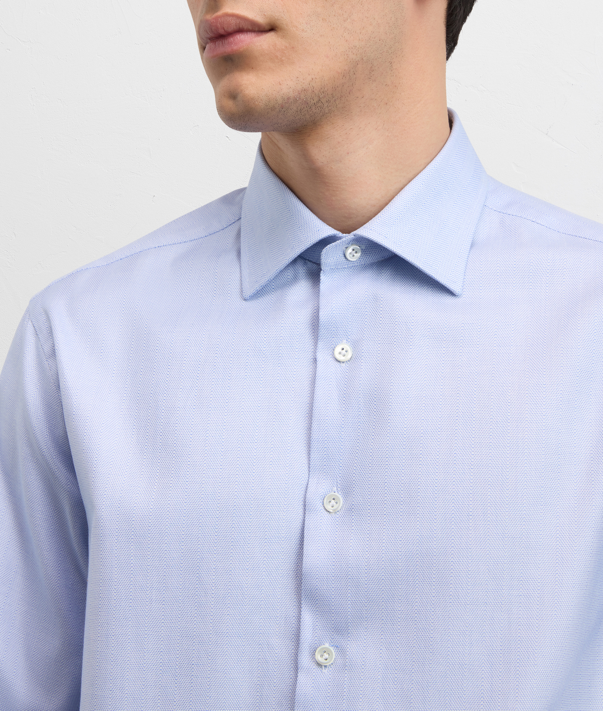 LIGHT BLUE COTTON JACQUARD SHIRT WITH MILANO COLLAR AND STANDARD CUFF