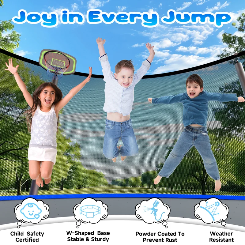 16FT Trampoline for 8 - 9 Kids Adults with Basketball Hoop, Enclosure, Light, Sprinkler, Socks, 2000 lb Outdoor Round Heavy Duty Recreational Backyard Trampoline