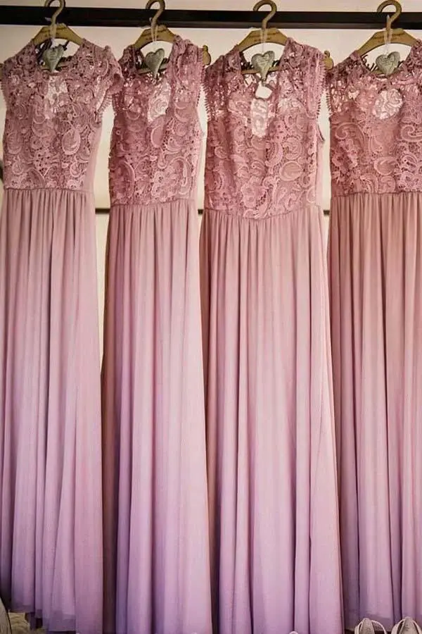 Round Neck A Line Cap Sleeves Chiffon Long Bridesmaid Dress with Lace DM932