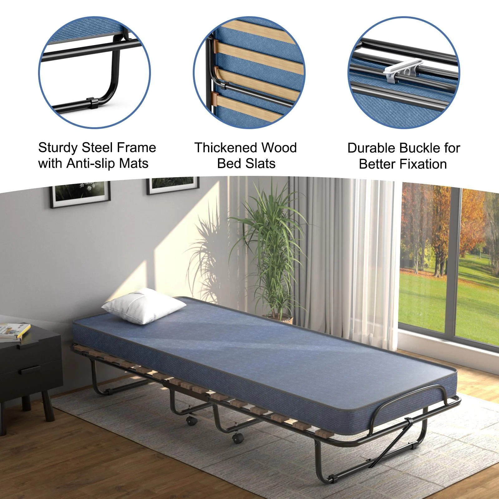 Rollaway Bed with Memory Foam Mattress, Folding Portable Guest Cot Size w/Sturdy Metal Frame for Home, Garden Office, Made in Italy (Navy) - Image 4
