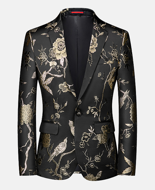 Blazer à imprimé floral jacquard tendance, revers cranté, un bouton, coupe slim