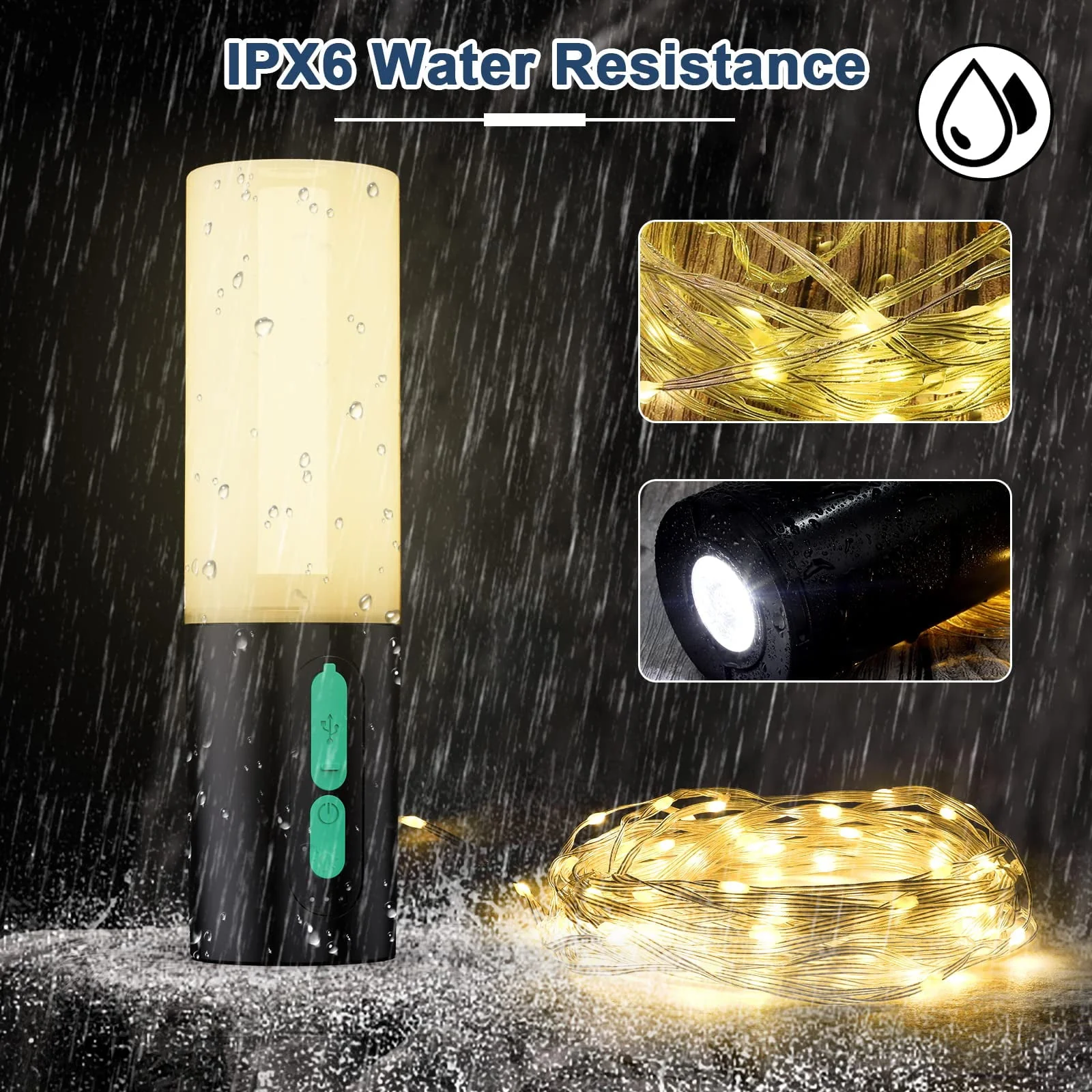 4-in-1 Multifunction Camping Light, 4000mAh Power Bank for Charging, IPX6 Waterproof LED Flashlight, 33ft 100 LED USB Powered String Fairy Lights for Outdoor Tent, Bedroom, Party, Hiking,Wedding