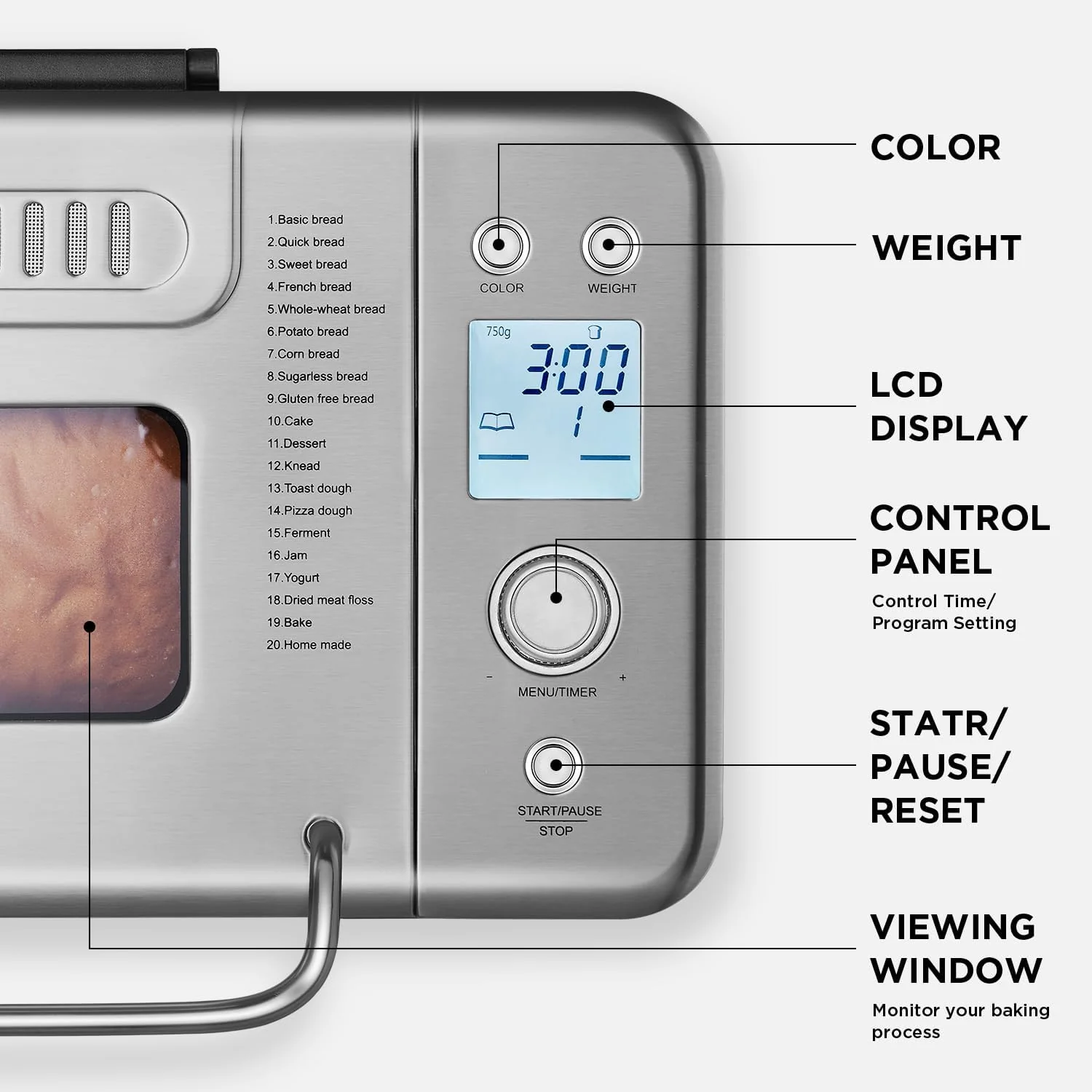 Machine à pain Neretva 20 en 1, 900 g, double résistance, automatique, cuve en céramique antiadhésive, minuterie 15 h et fonction maintien au chaud 1 h, silencieuse, en acier inoxydable, coloris vert.