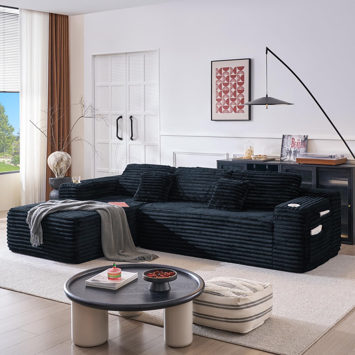 Canapé d'angle Cloud avec méridienne en L, canapé modulaire moderne, assise profonde, porte-gobelet intégré