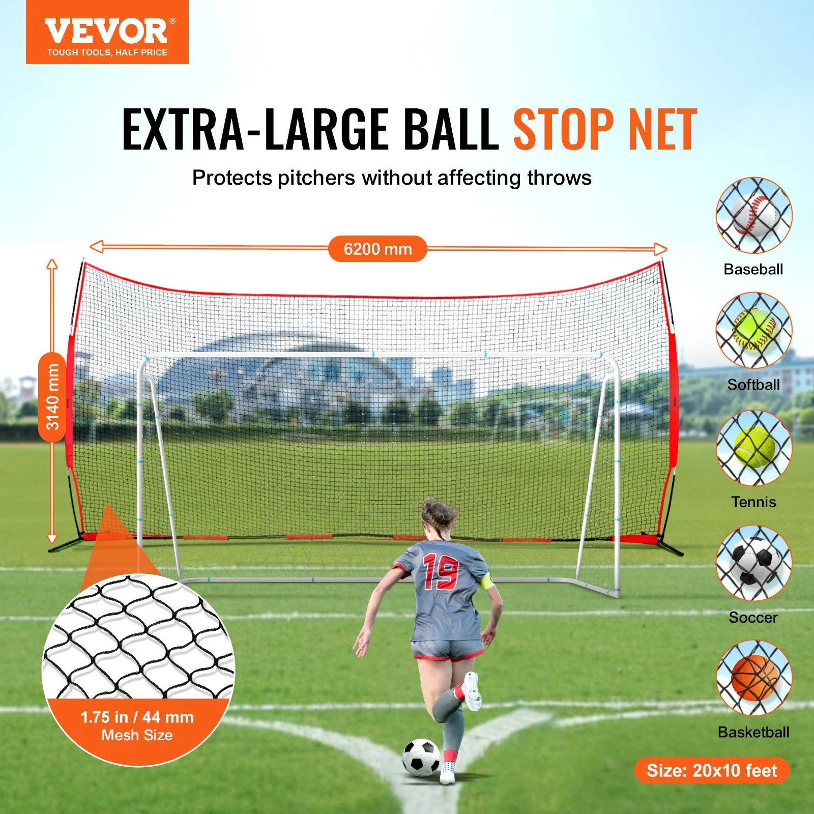 STAWAY Sports Barrier Net - 20x10 Ft Portable Backstop for Baseball, Softball, Soccer, Lacrosse & Hockey - High - Density Safety Screen with Carry Bag - Easy Setup for Backyard Training