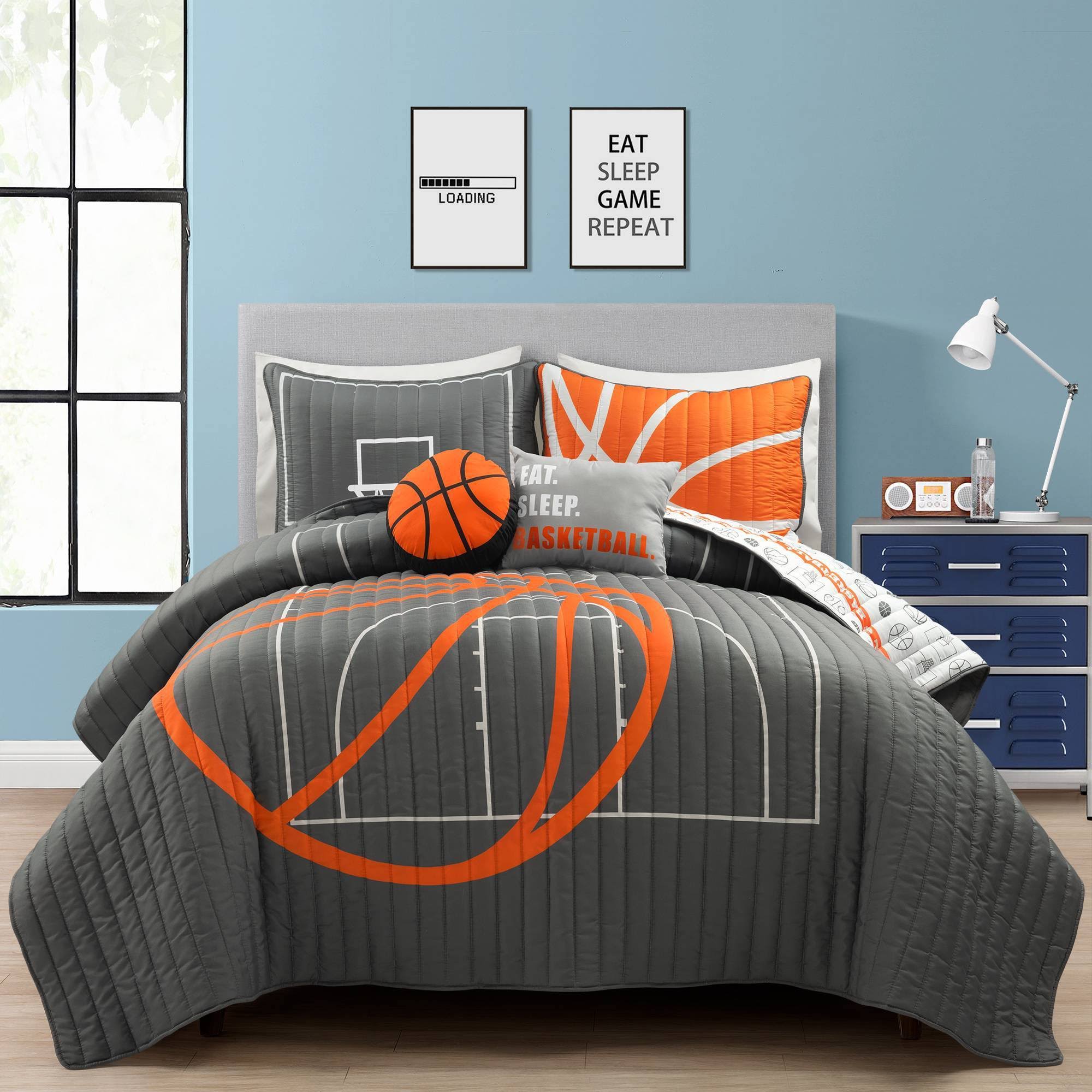 Lush Decor Basketball Game Charcoal 5pc Set Full/Queen Reversible Oversized Quilt