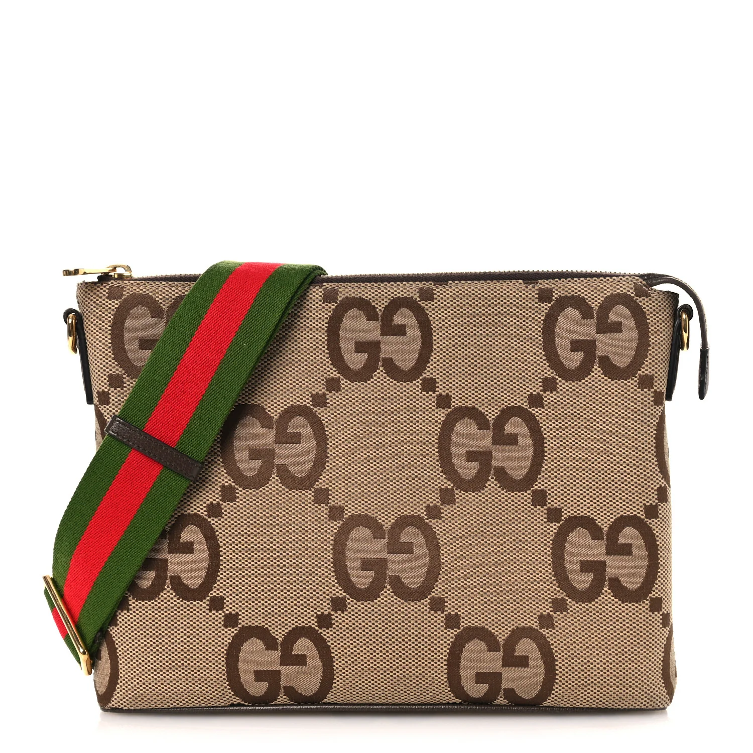 Monogram Jumbo GG Textured Dollar Calfskin Web Wristlet Messenger Bag Camel Ebony New Acero