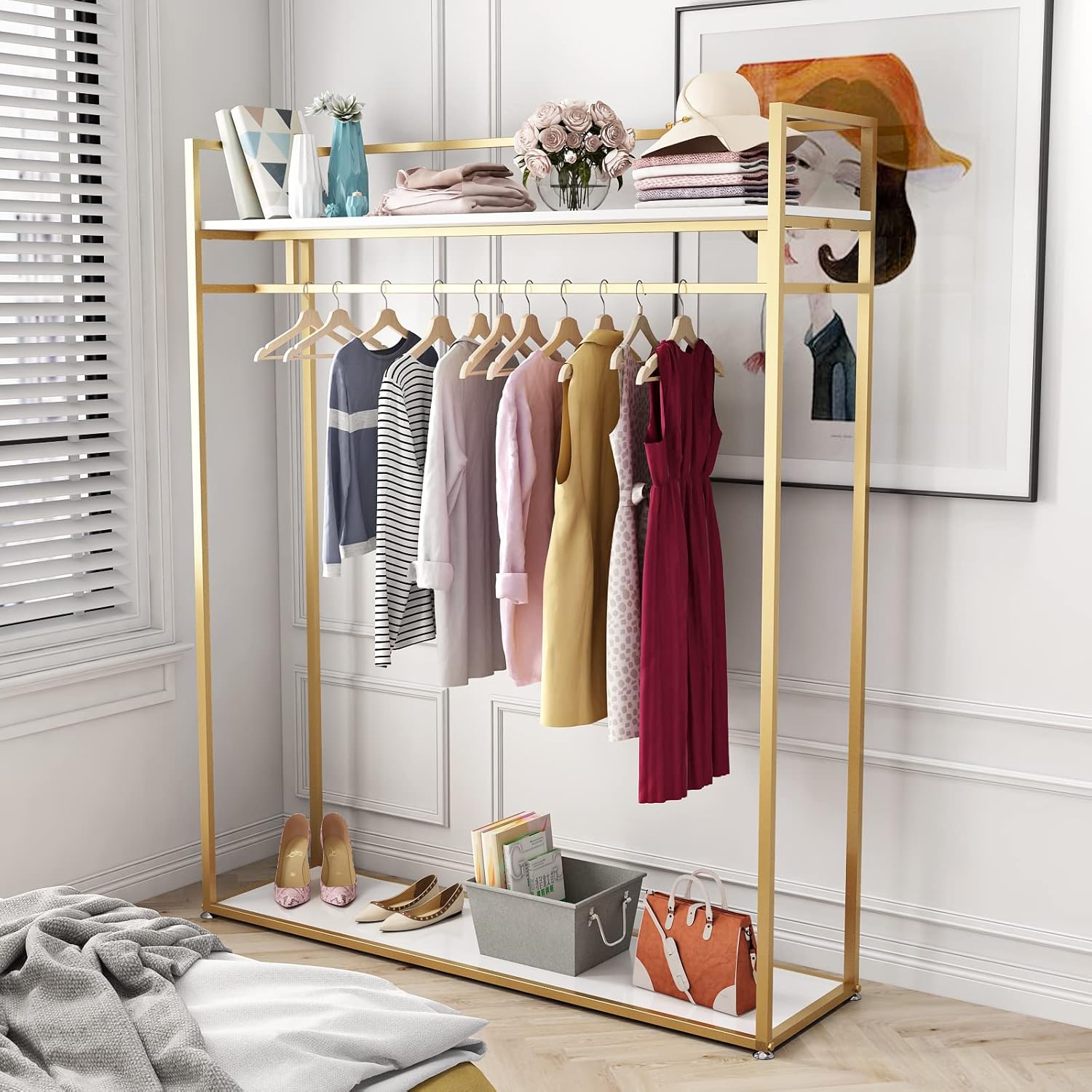 Heavy Duty Gold Clothing Rack with Shelves for Hanging Clothing, Gold Metal Freestanding Garment Rack for Retail Display (59