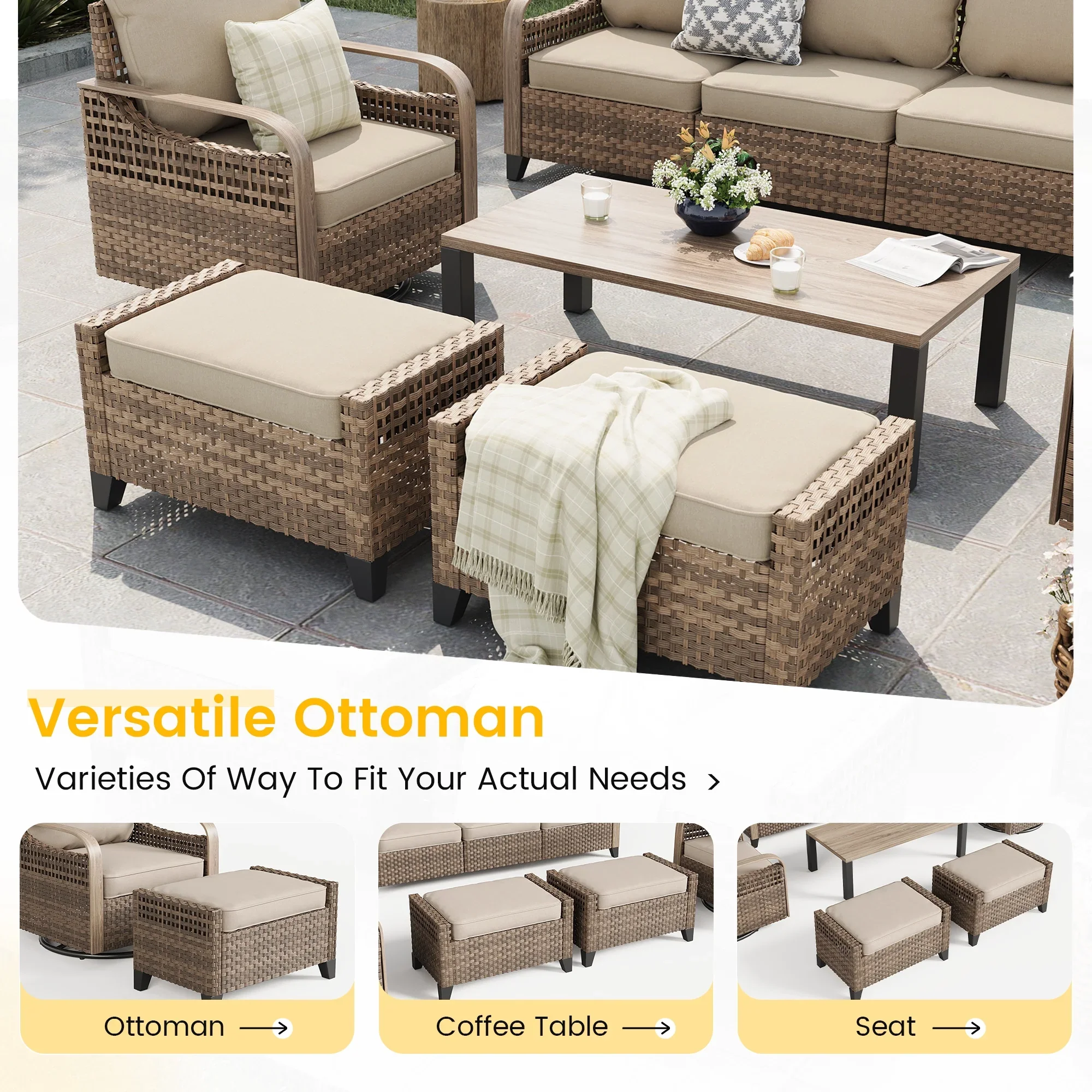 ELPOSUN L Shaped Conversation Sectional Sofa Set with Coffee Table, 5 Pieces Patio Furniture Seating Group with Side Table for Backyard Garden, Beige Grey