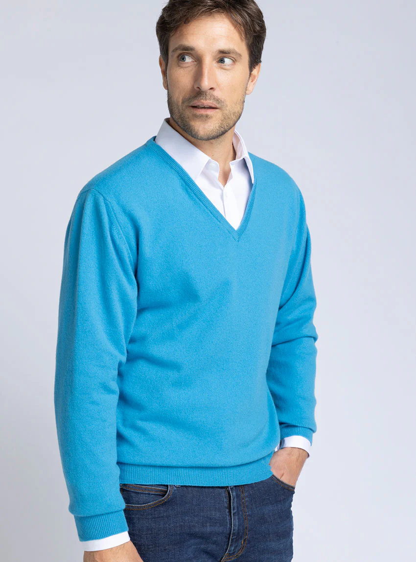 Pull homme col V en cachemire et laine bleu