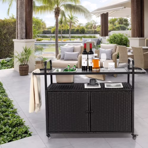 Outdoor Rolling Wicker Bar Cart, Large Portable Outdoor Wicker Bar Table with Cabinet Storage and Glass Countertop, Patio Wicker Serving Bar Cart for Pool, Party, Backyard, Black(Black)