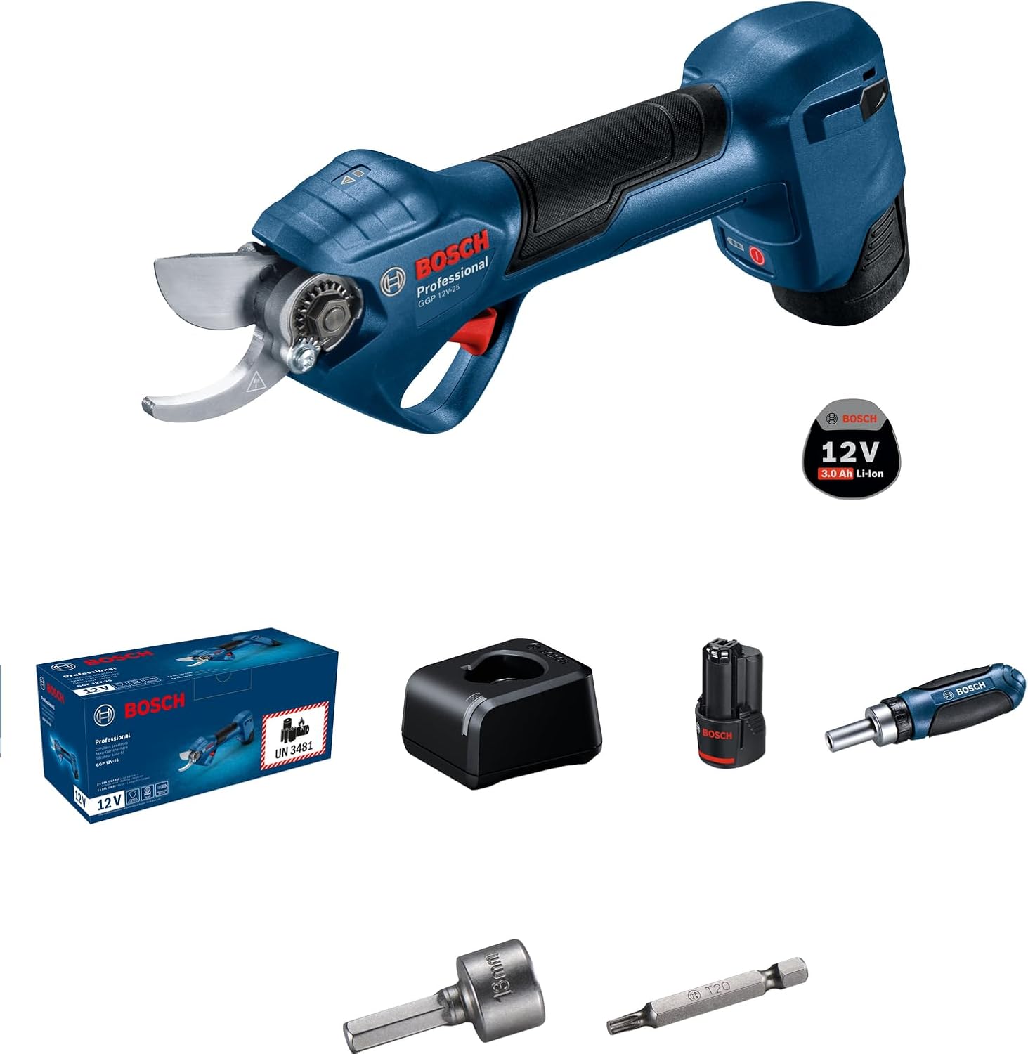 Bosch Professional 12V System Astschere GGP 12V-25 (bis zu 4.500 Schnitte pro Akkuladung, bürstenloser Motor, 25-mm-Schnitte, mit 2x 3,0-Ah-Akku)