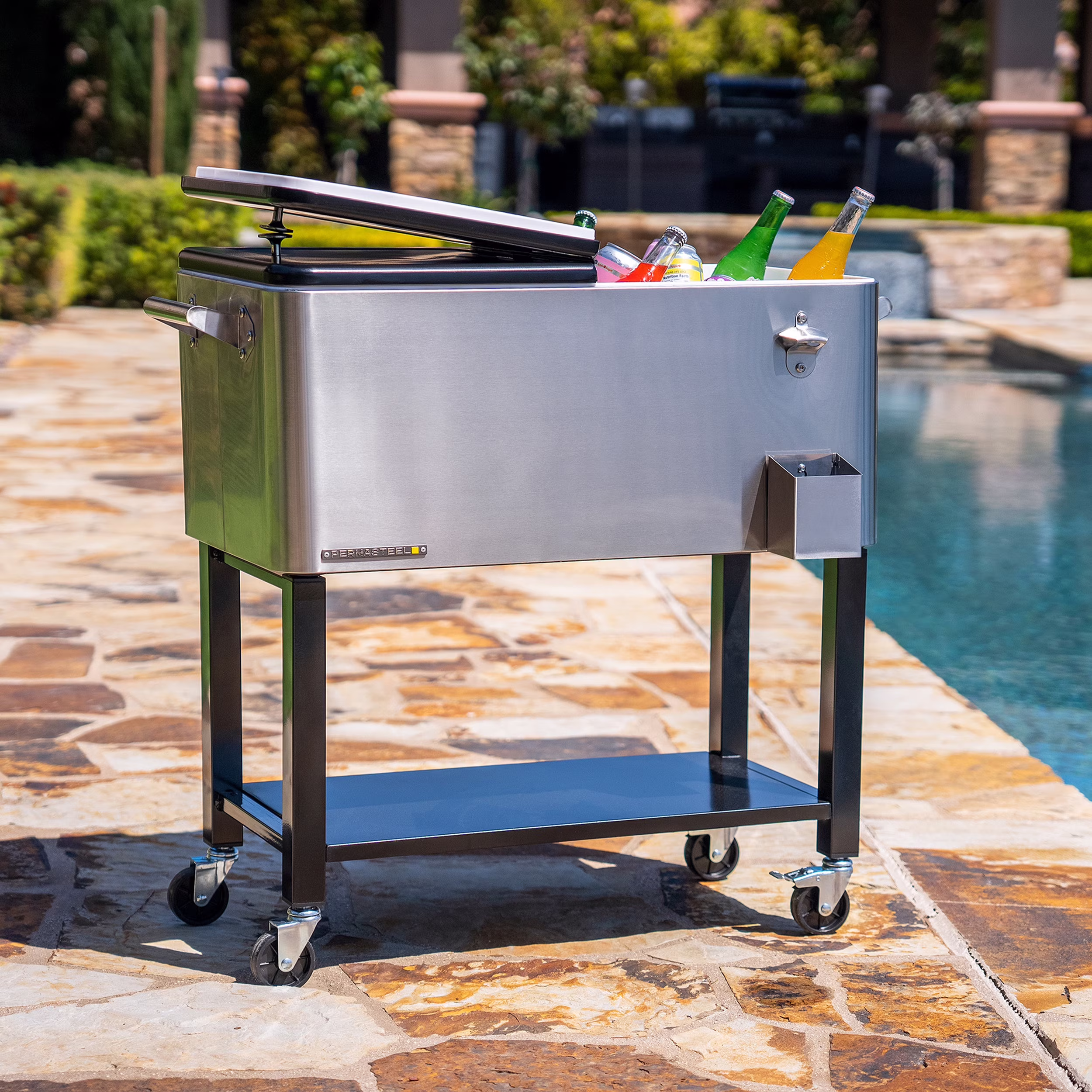 80-Qt Outdoor Steel Patio Cooler with Removable Basin, Rolling Cooler with Wheels, Teal Green(Teal Green) - Image 3