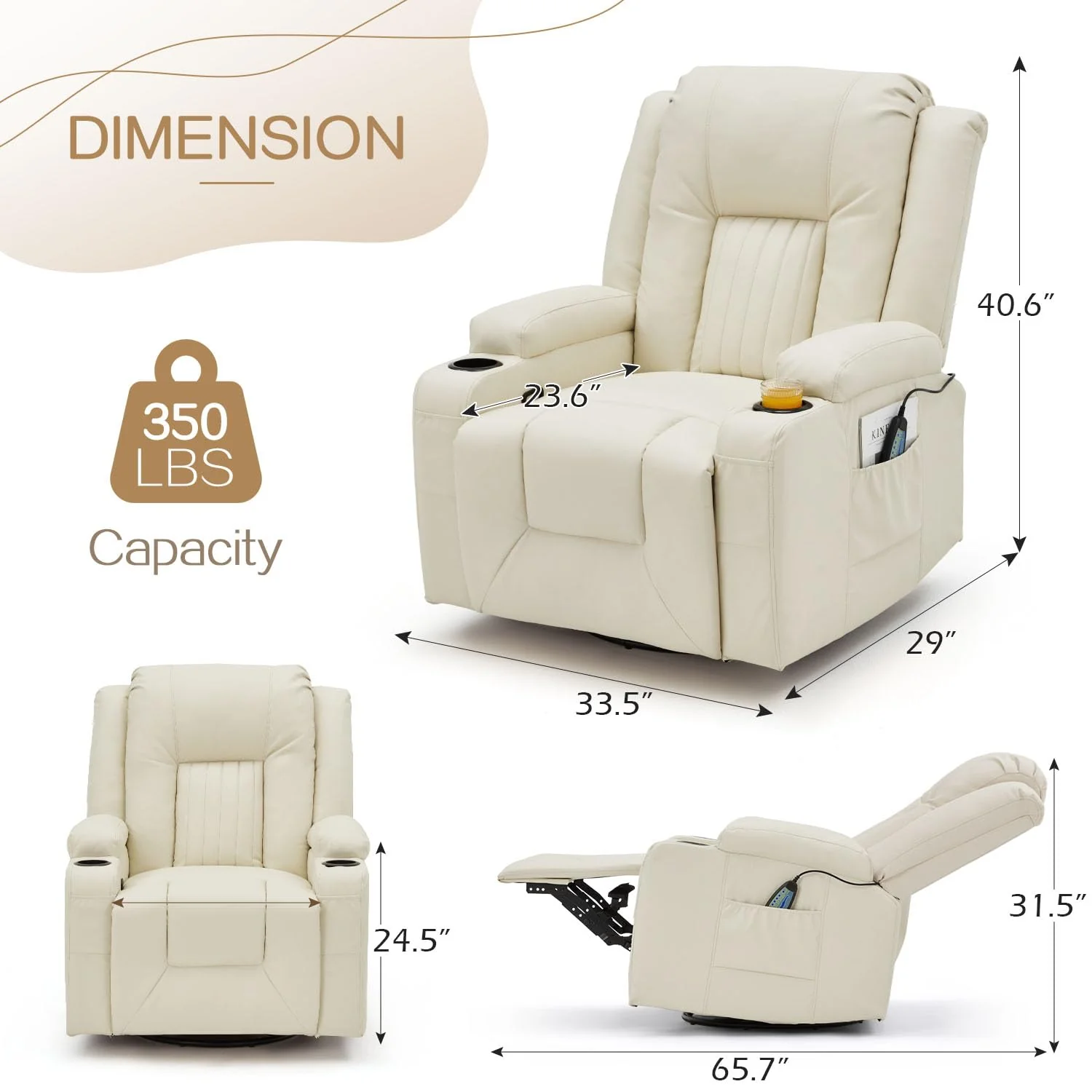 AECOJOY Massage Recliner Manual Chair with Heating & 360° Swivel Rocking Function, Cream White