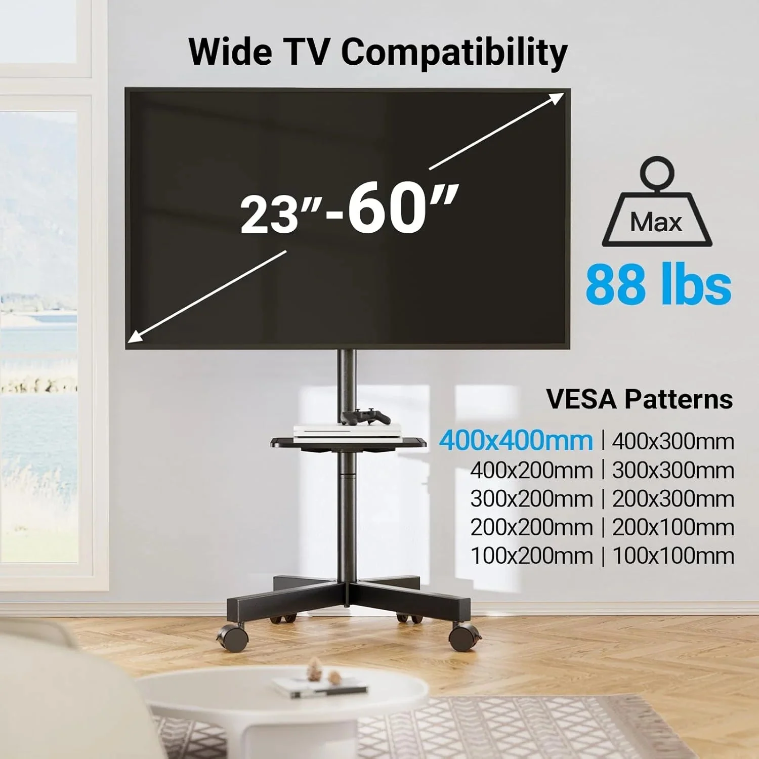 Perlesmith Mobile TV Stand for 23 60 Inch Lcd LED Flat Curved Panel Screen Tvs Tilt TV Cart Holds Up to 88LBS Portable Stand with Laptop She