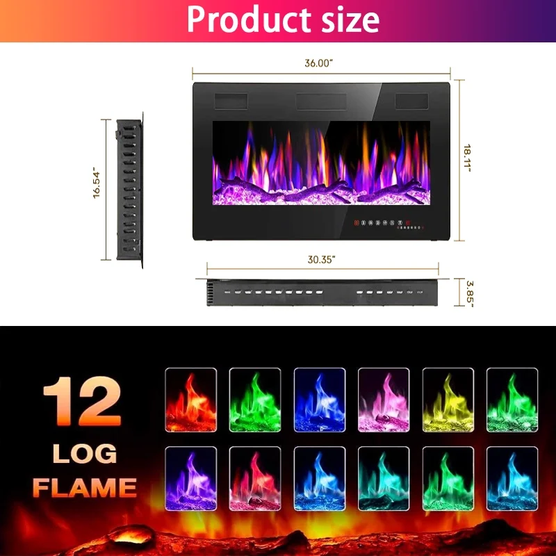 36-inch Electric Fireplace, Wall-Mounted, Supports Smartphone/App Control, Ultra-Realistic Flames, 1500W Power(36 in/1/18.11 in) - Image 4