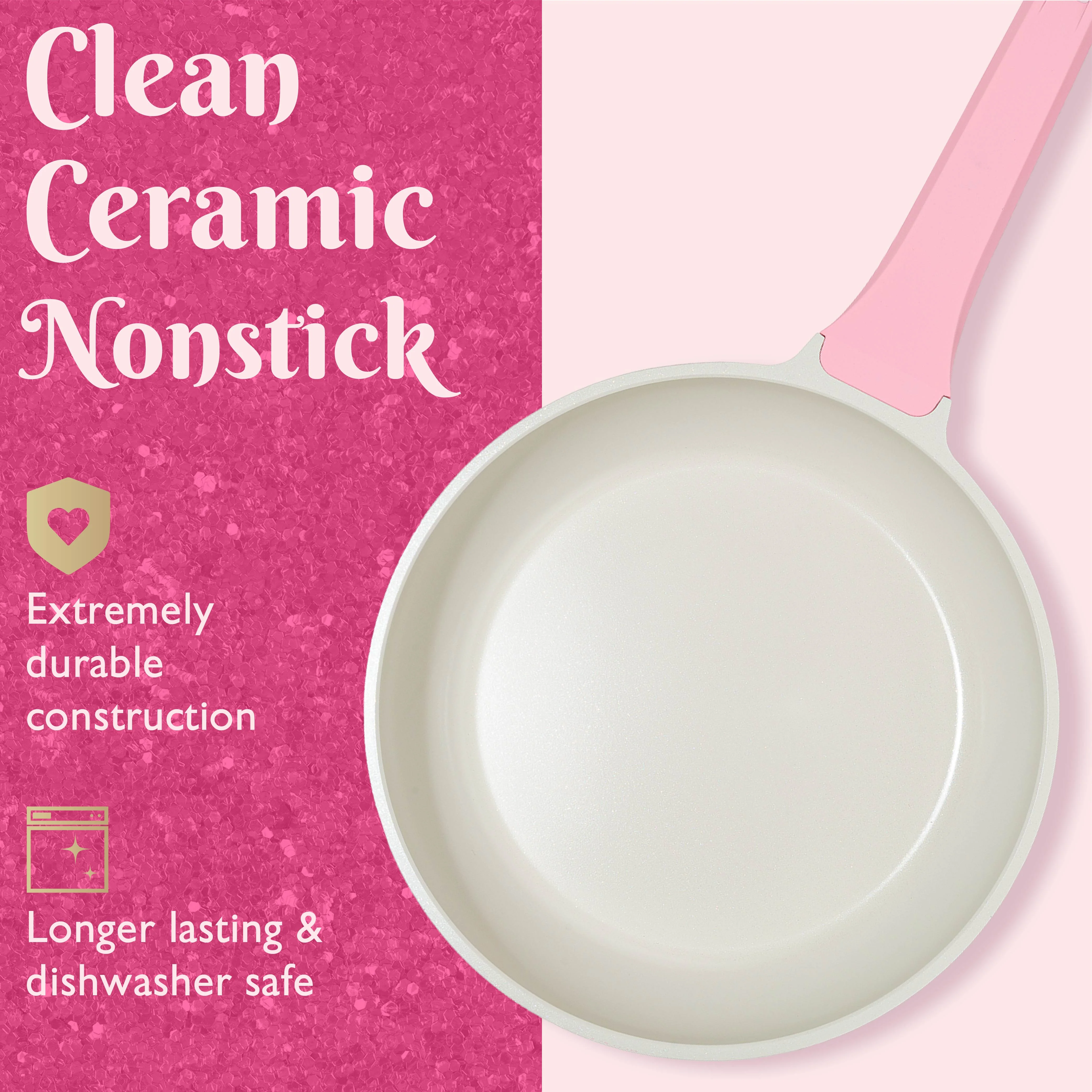 10 Piece Ceramic Nonstick Cast Aluminum Cookware Set, Clean Ceramic? Coating, Faceted Pink Design(Pink) Image 4