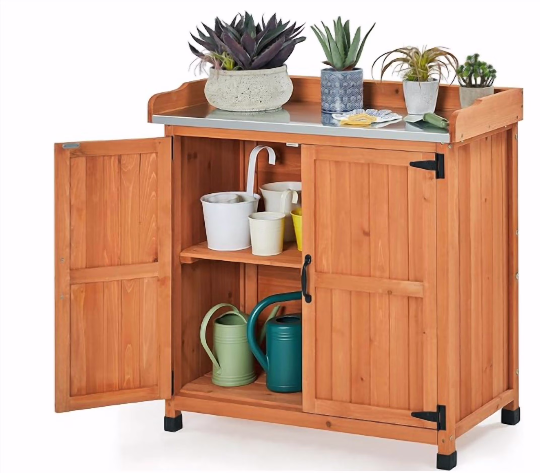XgoodX Garden Potting Bench Table, Outdoor Garden Horticultural Wooden Storage Cabinet & Solid Wood Planting Work Bench with Large Space Storage & Metal-Plated Tabletop, Brown