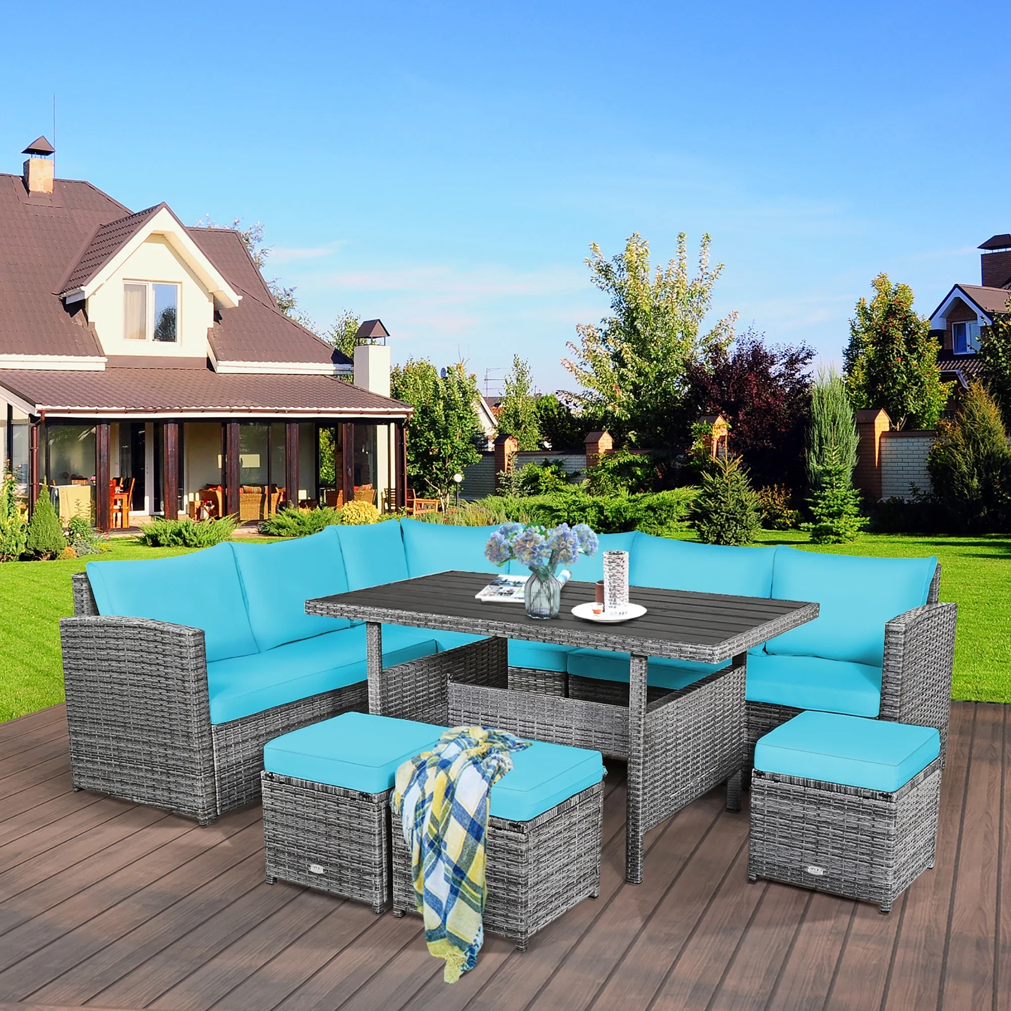 Costway 7 PCS Patio Rattan Dining Set Sectional Sofa Couch Ottoman Garden Red