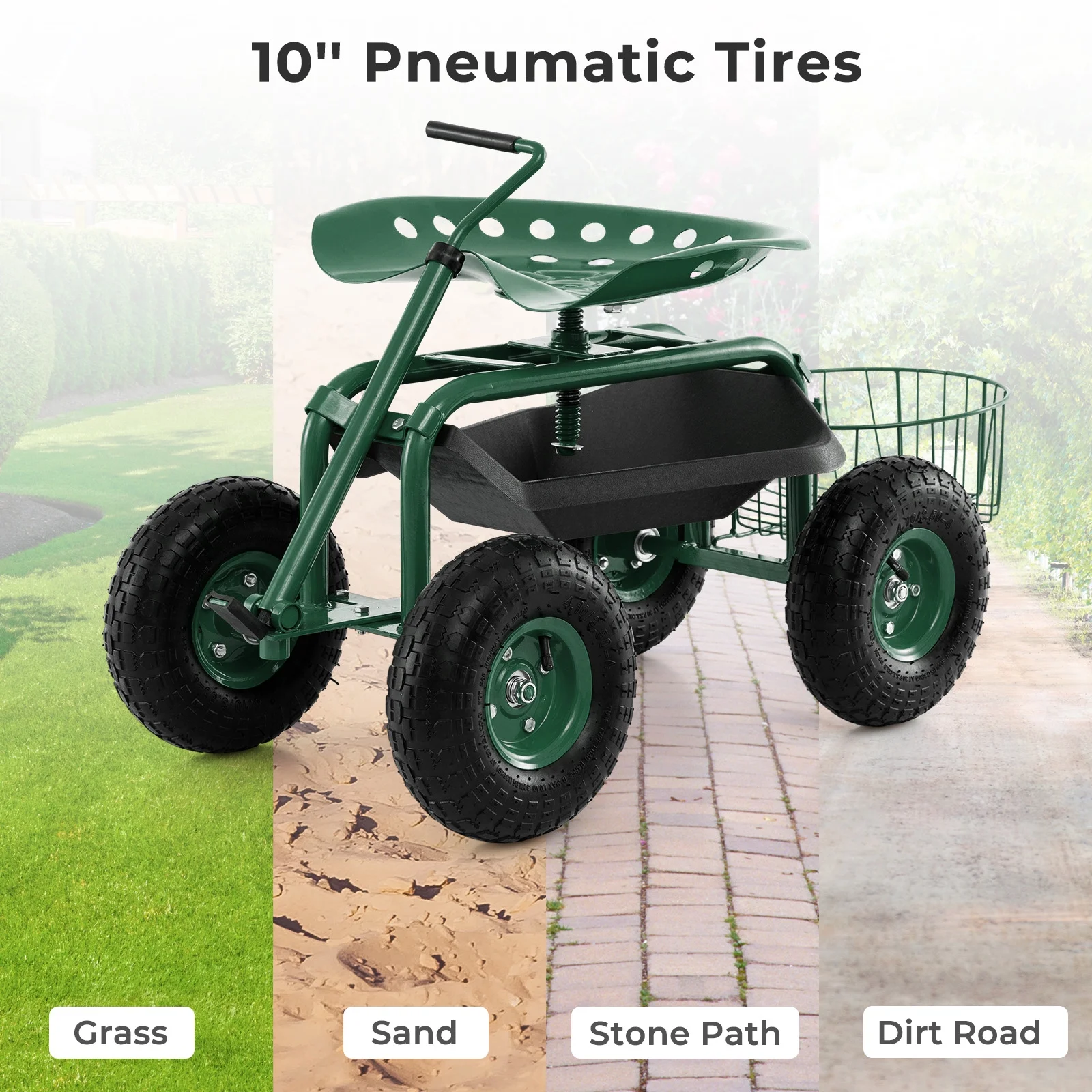 Garden Cart Rolling Work Seat for Planting with Extendable Handle Green(Green) - Image 10