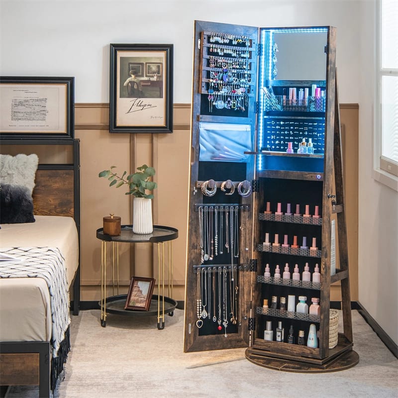 360° Swivel Jewelry Cabinet Armoire w/ Full Length Mirror 3-Color LED Lights & Rear Shelves, Lockable Standing Jewelry Storage Organizer