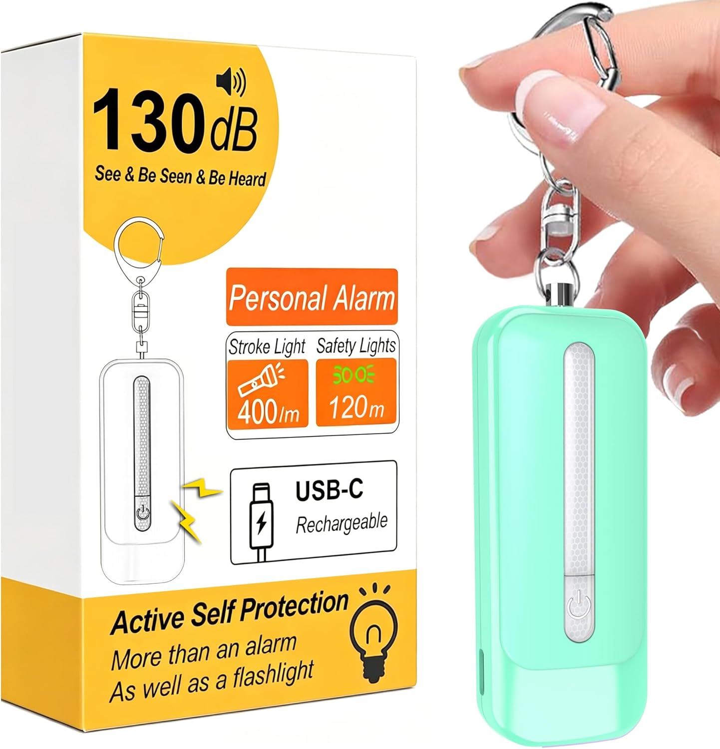Personal Alarm for Women, Rechargeable with Safety Lights & Low Battery Notice, 130dB Siren with Extra Bright LED Flashlight Strobe Light for Emergency, Dual Light Sources Safety Keychain