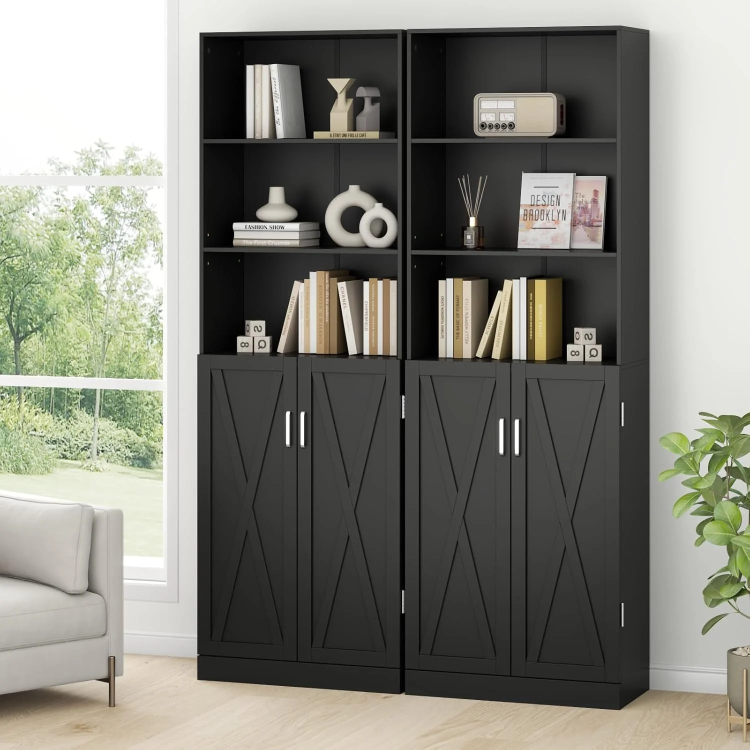 Loomie Industrial Boolshelf with Door, 6 Tier Farmhouse Book Shelf with Adjustable Shelves, 70" Tall Display Etagere Bookcase, Floor Standing Unit Book Case Furniture for Home Office, Living Room (Black)