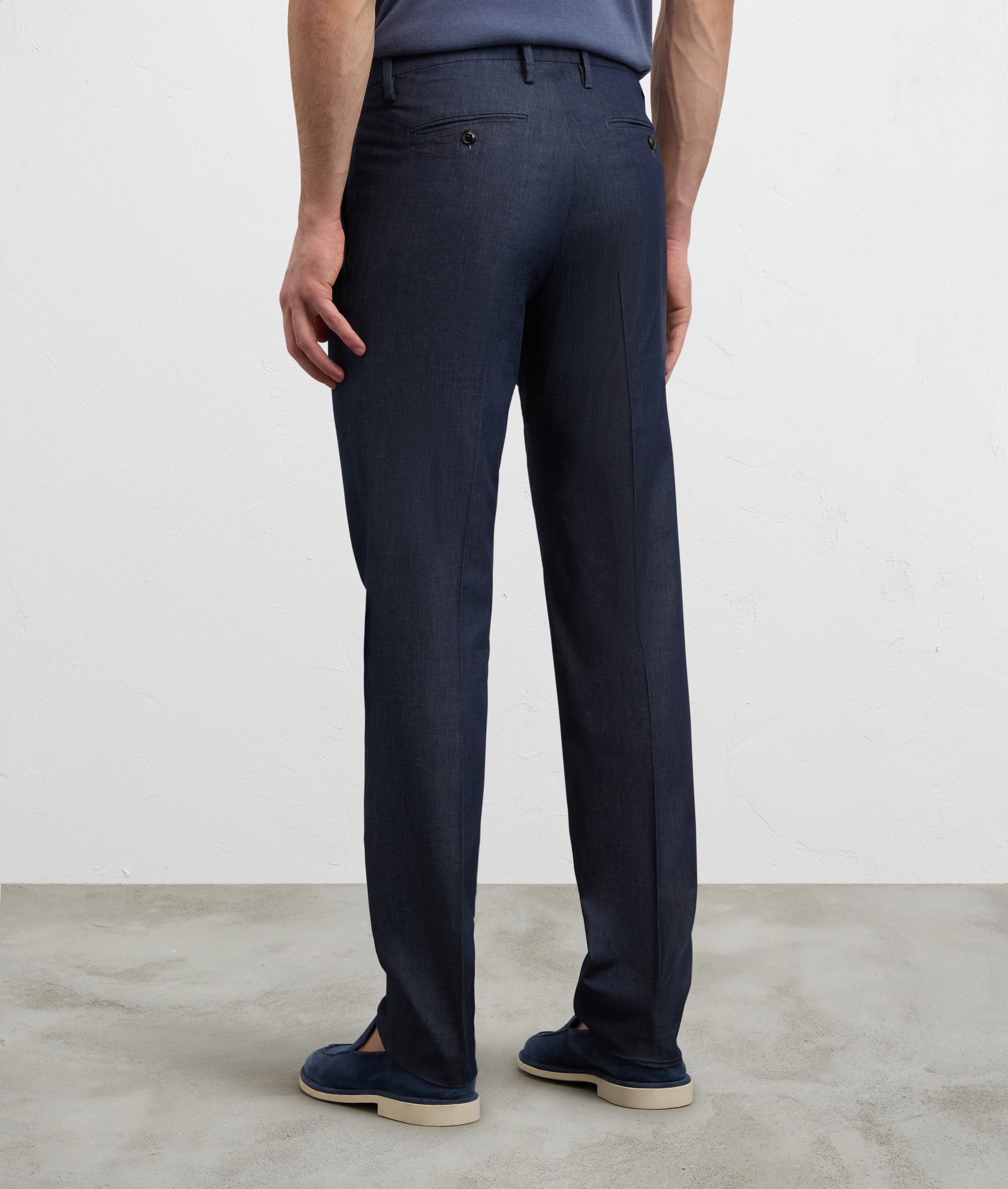 NAVY BLUE ULTRA LIGHTWEIGHT DENIM PLEATED CHINOS