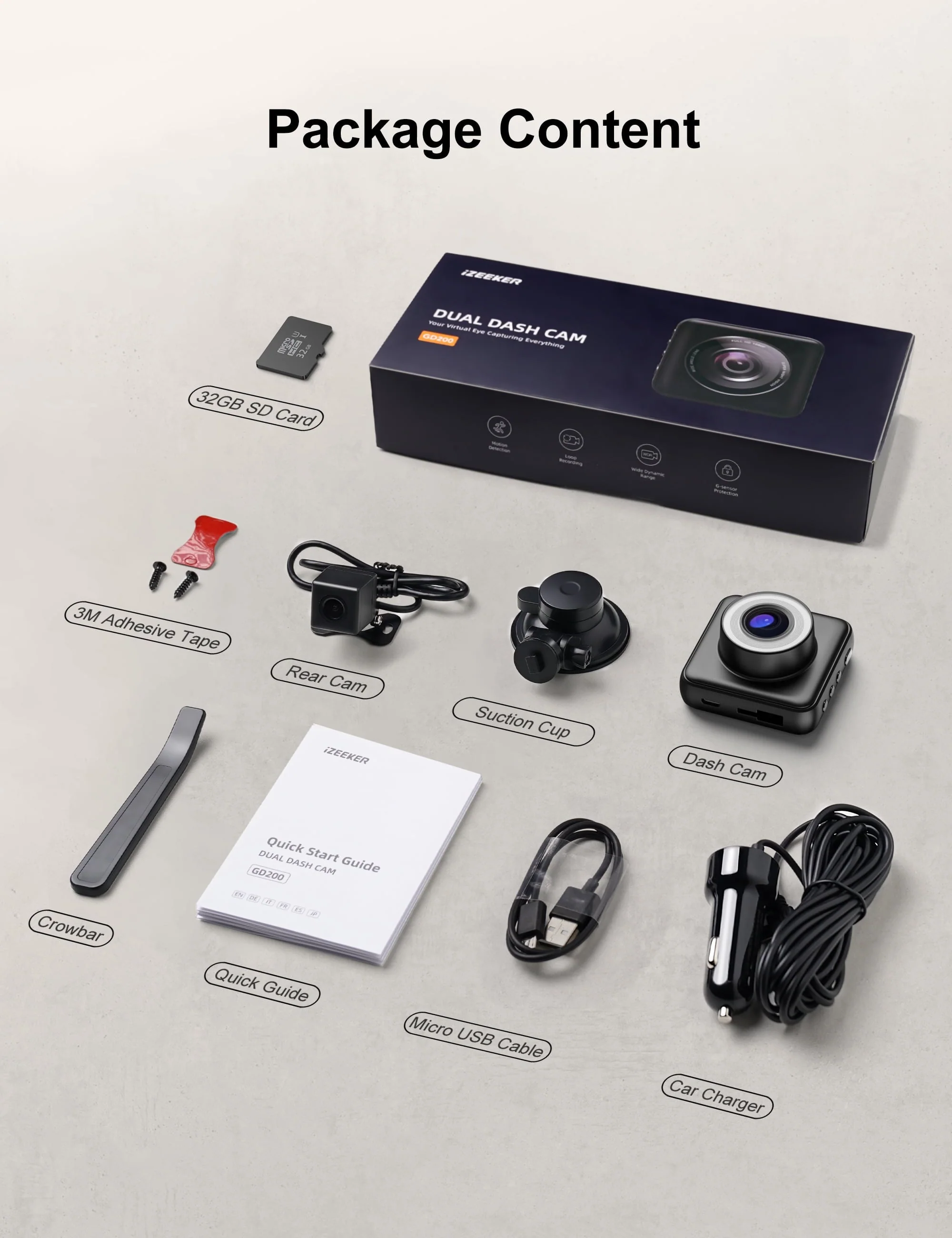 iZEEKER Dual Dash Cam Front and Rear Car Camera with SD Card 1080P Full HD, Dash Camera for Cars with Accident Recording, Parking Monitor, Night Vision, WDR