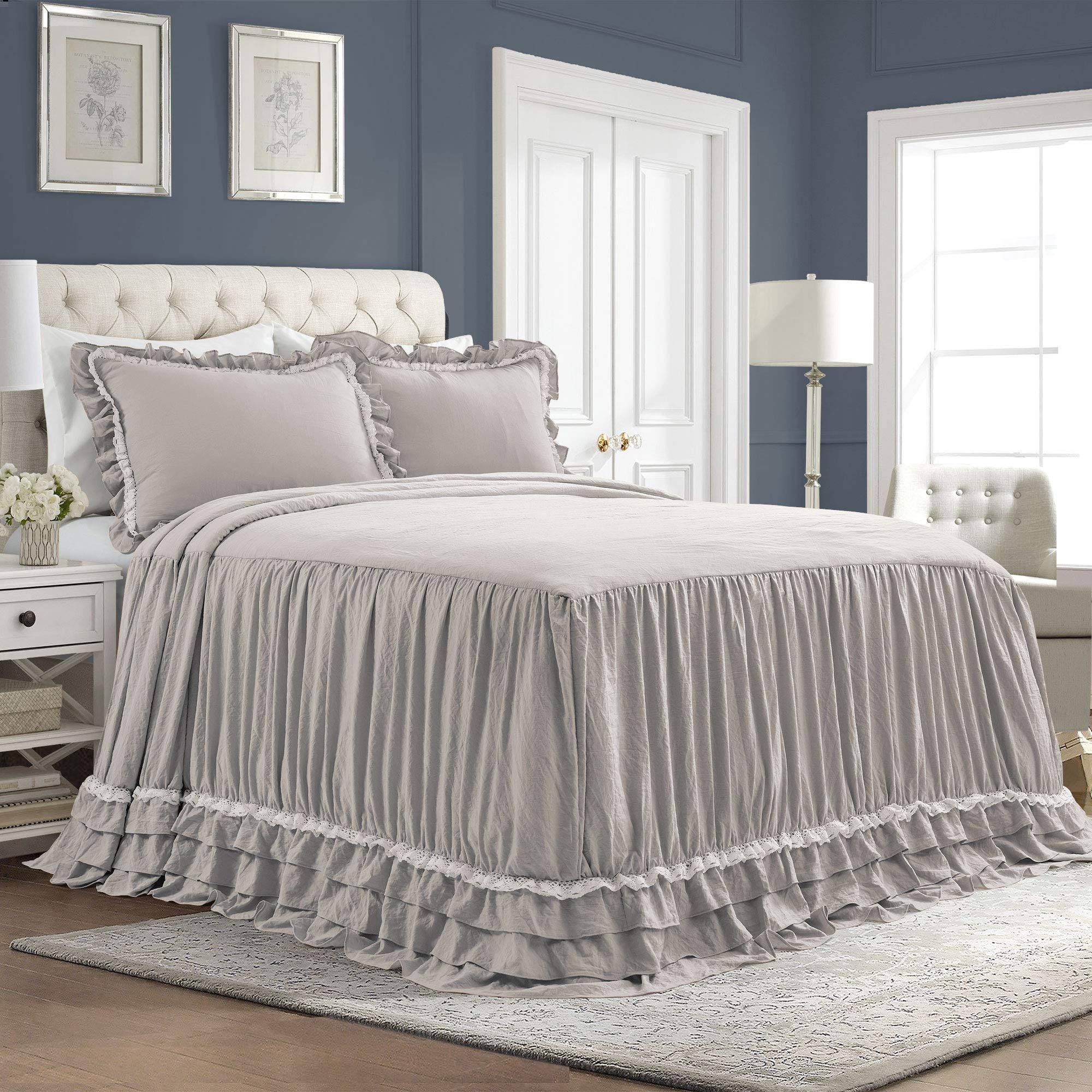 Lush Decor Ella Shabby Chic Ruffle Lace Bedspread Light Gray Set King
