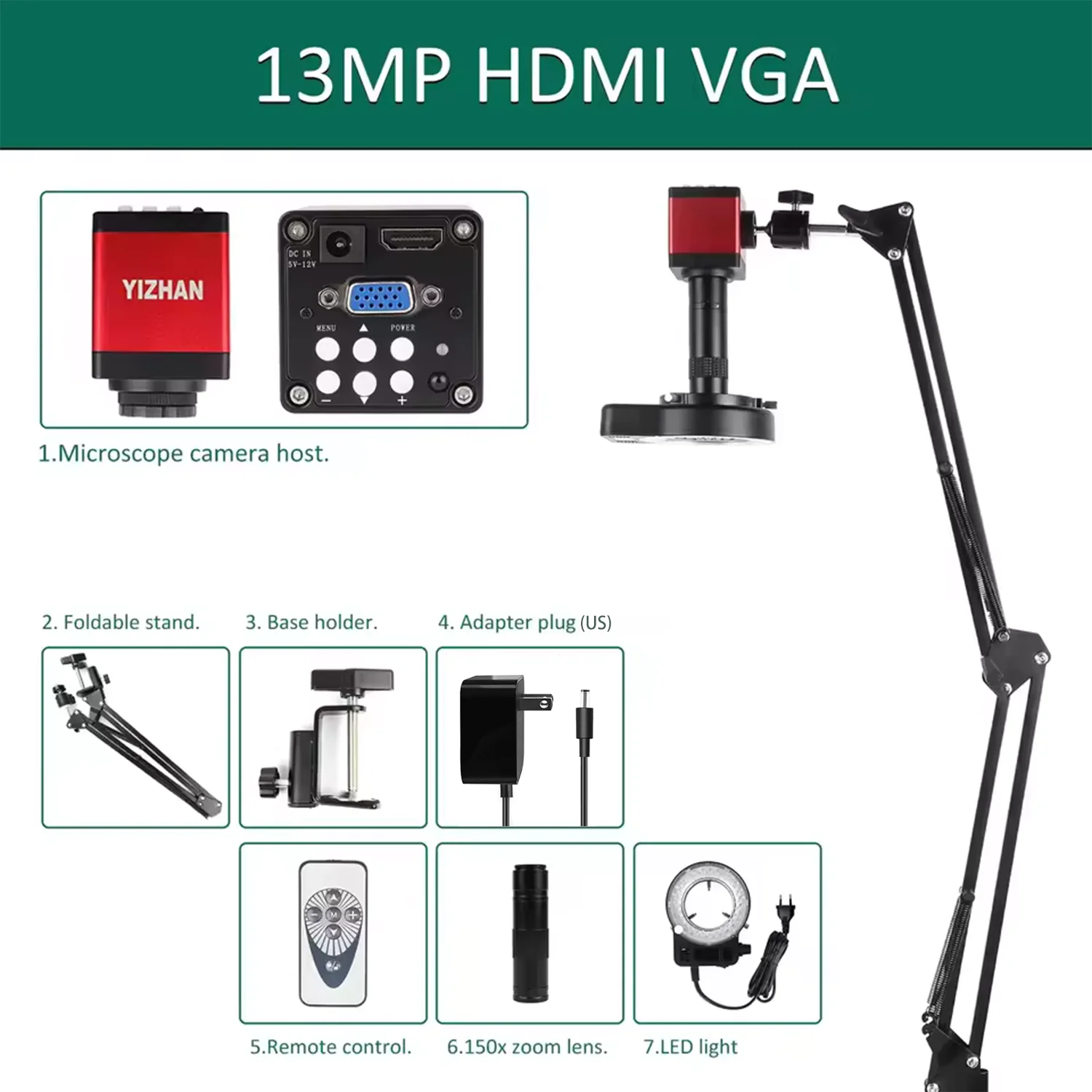 Digital Microscope for Adult 13MP 1080P HDMI VGA Industrial Video Microscope with 150X Zoom C-Mount Lens Foldable Stand LED Ring Light for Electronics Inspection, Jewelry and Watch Repair(13MP/HDMI/1080P/VGA) - Image 7