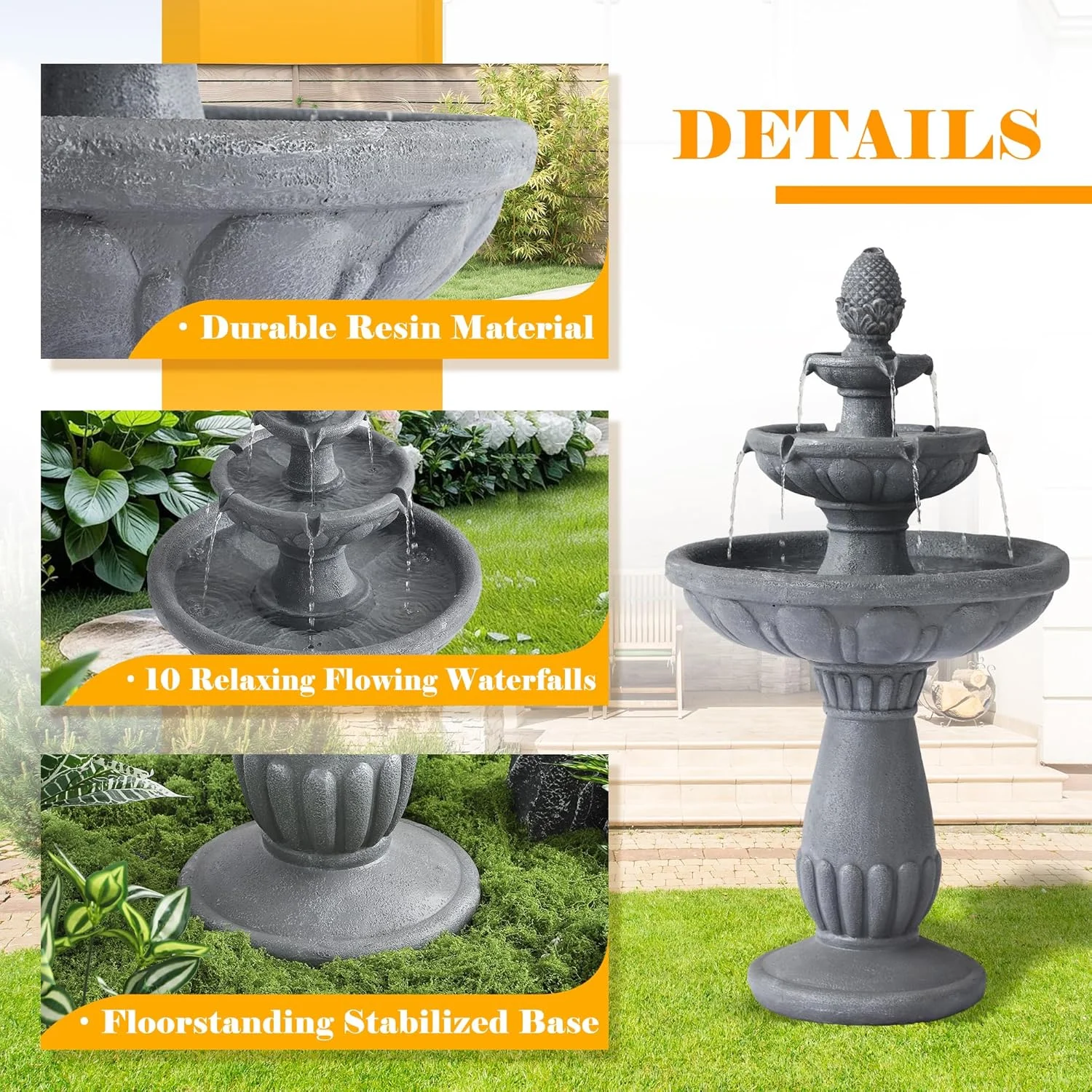 40.6" High Large Italian Outdoor Water Fountain, 3-Tier Standing Bubbler Waterfalls Fountain with Pineapple Top and Roman Pillar, Resin Garden Water Fountains for Bird Bath Patio Yard Deck - Image 4