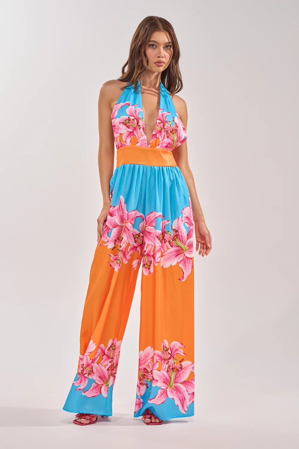 ON VACA TIME HALTER FLORAL PRINT JUMPSUIT - Akira Store