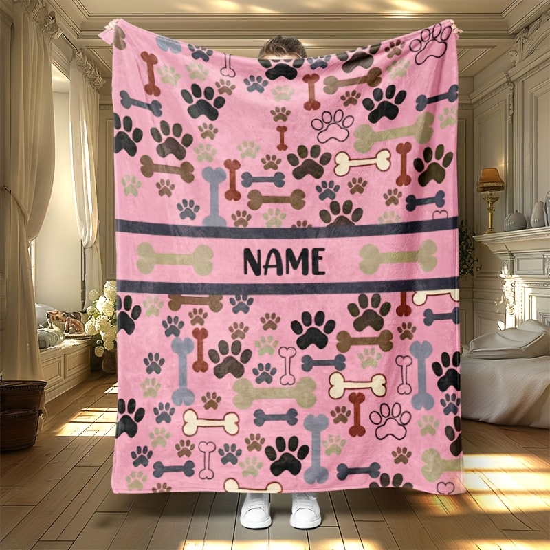 Custom Dog Pet Personalized Name Dog Paw Print Throw Blanket Lightweight Flannel Camping, Office Decor – Soft Warm Digital Printing for Bedding, Sofa, Travel, Gifts – Machine Washable, All Seasons, 30