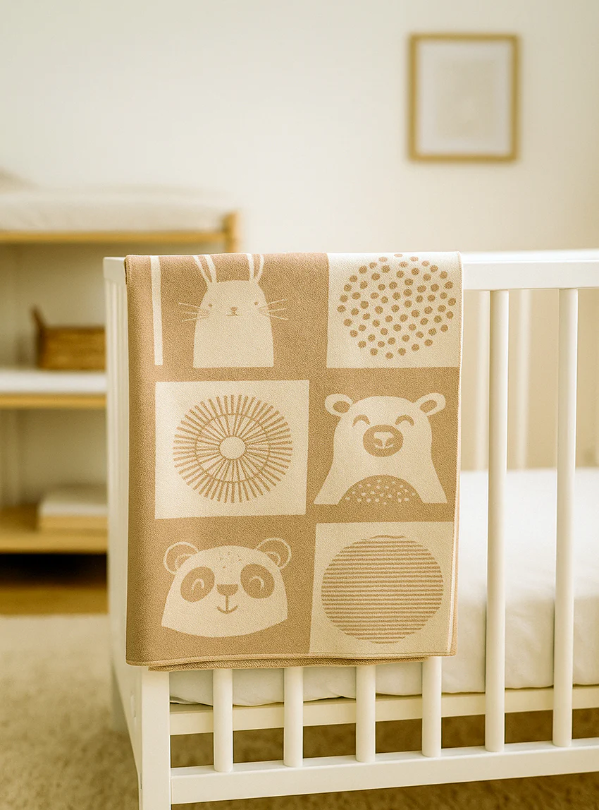 Couverture bébé  laine mérinos motif animaux beige pastel