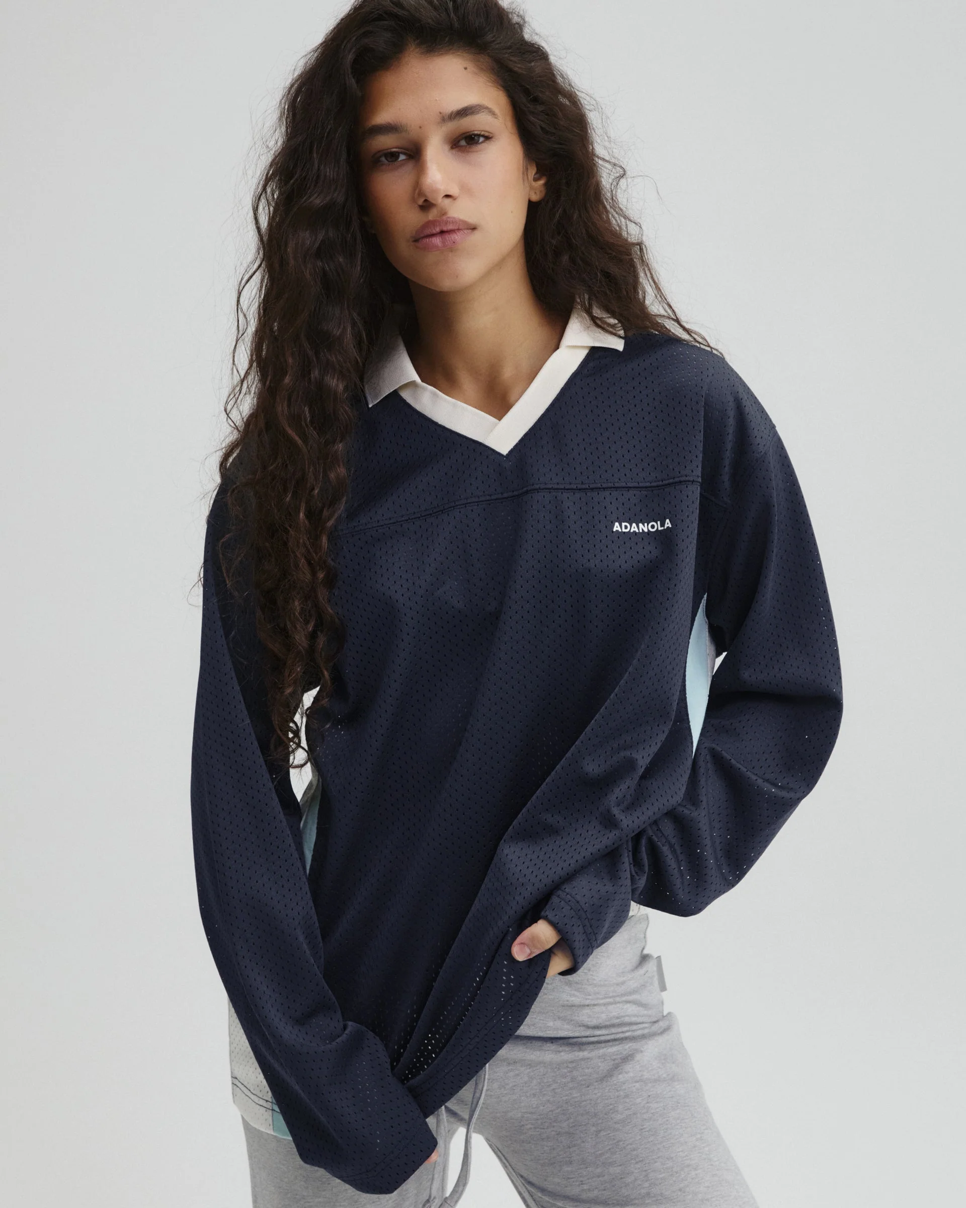 Collared Mesh Long Sleeve Jersey Top - Midnight Blue