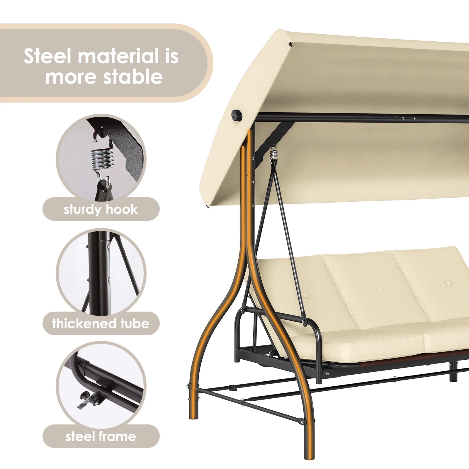 3 Person Porch Swing Outdoor Converting Canopy Swing Glider with Canopy(Beige) - Image 8