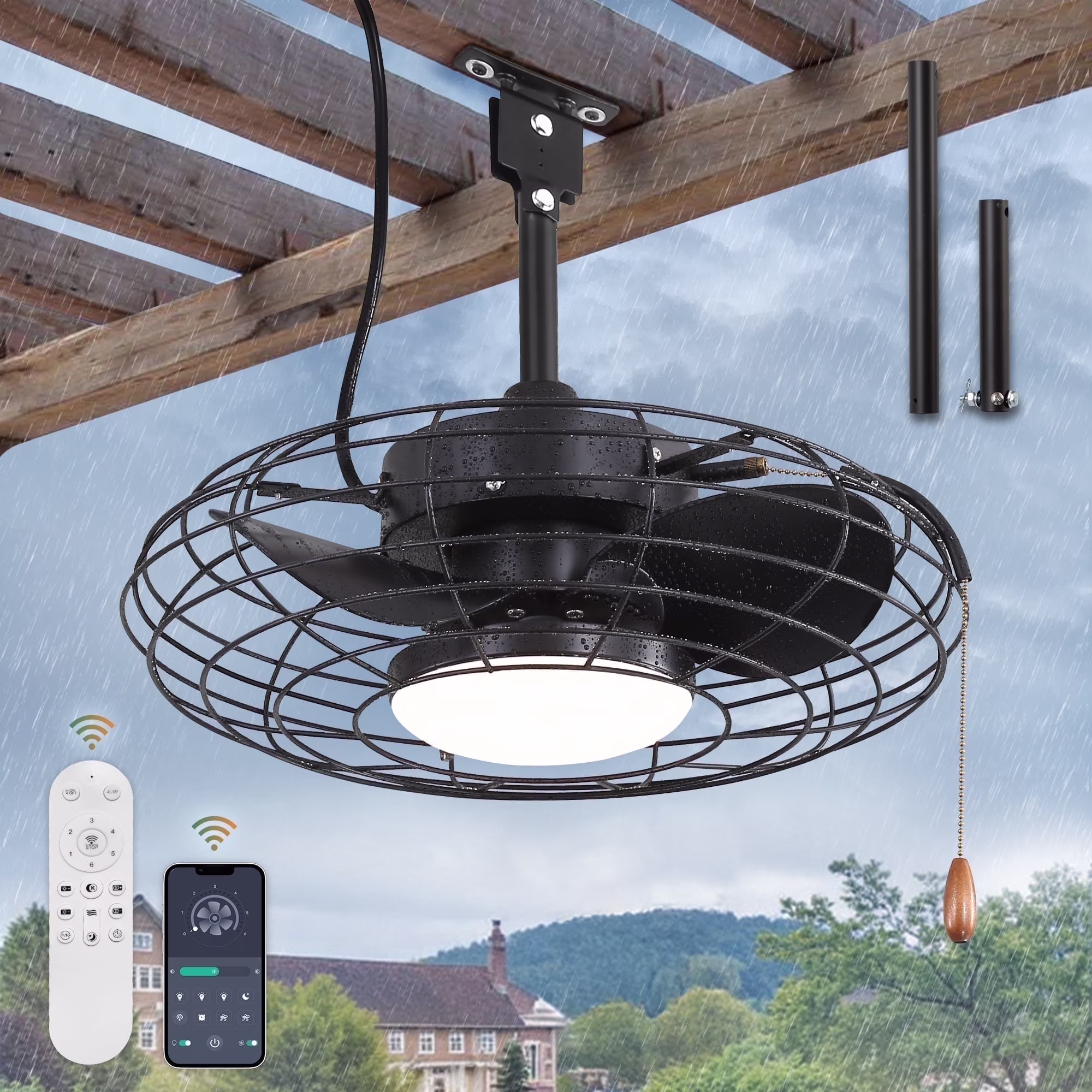 20" Outdoor Ceiling Fan with Light and Remote, 7 Blades Caged Waterproof Gazebo Fan for Patio, Porch, Pergola Canopy, App Control(Caged A) - Image 3