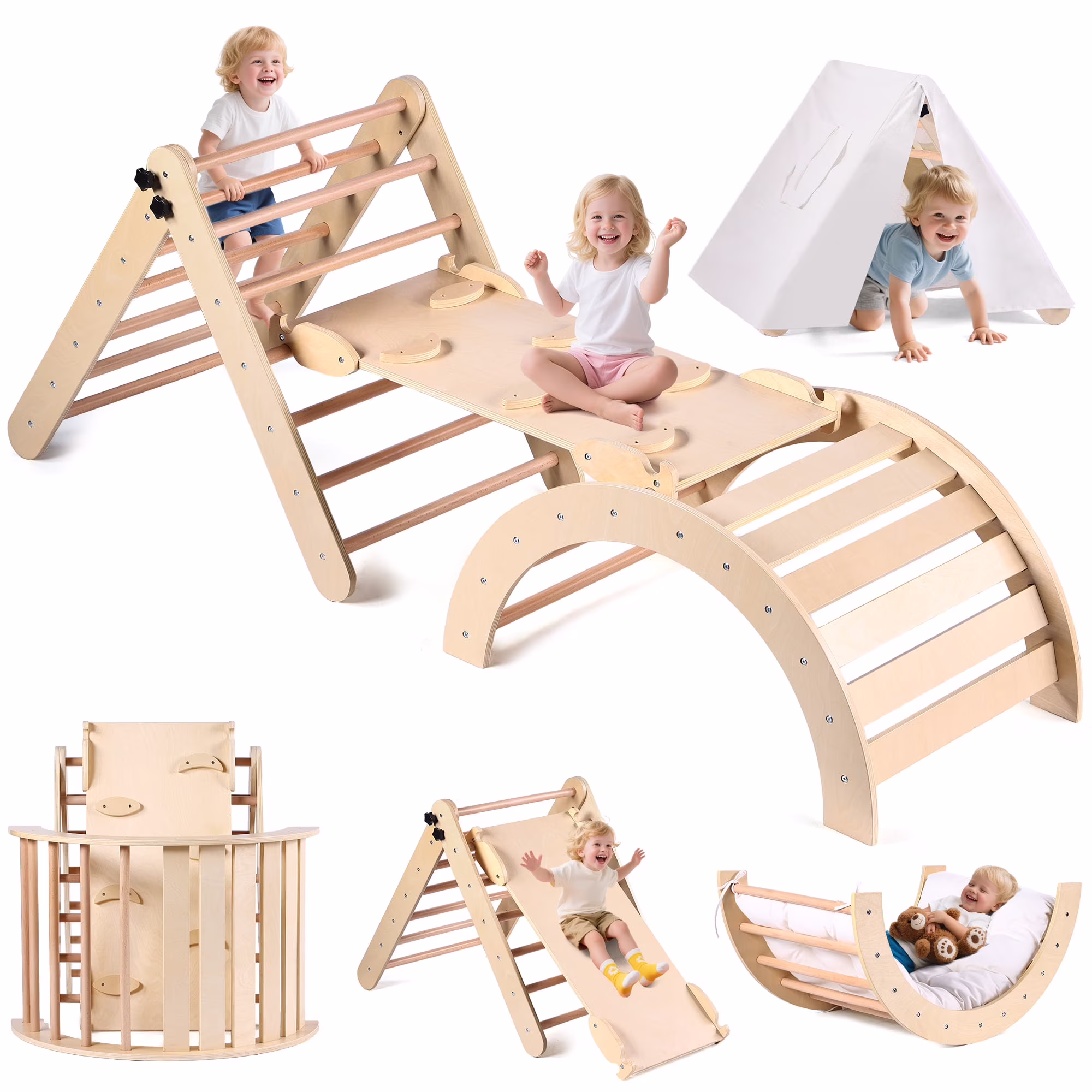 8 in1 Pikler Triangle Set Foldable Baby Climbing Toys for Toddlers 1-6 Inside with Ramp,Toddler Climbing Toys Indoor Baby Gift(Natural color)