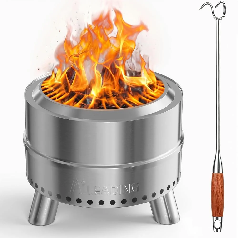 20 Inch Smokeless Fire Pit with Removable Ash Pan, Fire Pits for Outside Wood Burning, Portable Bonfire Outdoor Firepit, Bag & Poker Included, Stainless Steel (with Legs-Fire Pit-Meat Hook)