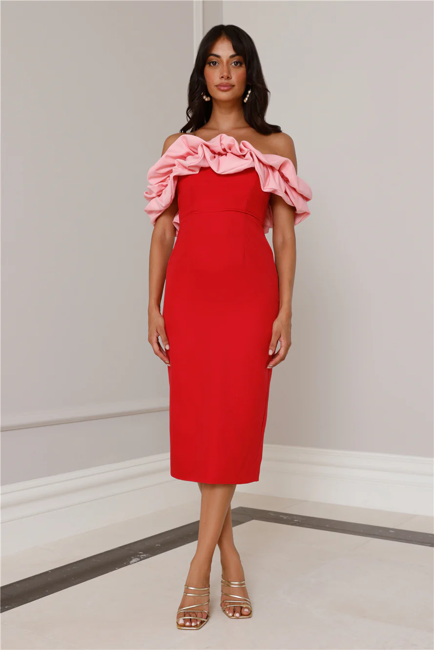 Kinsey Off Shoulder Frill Midi Dress Red