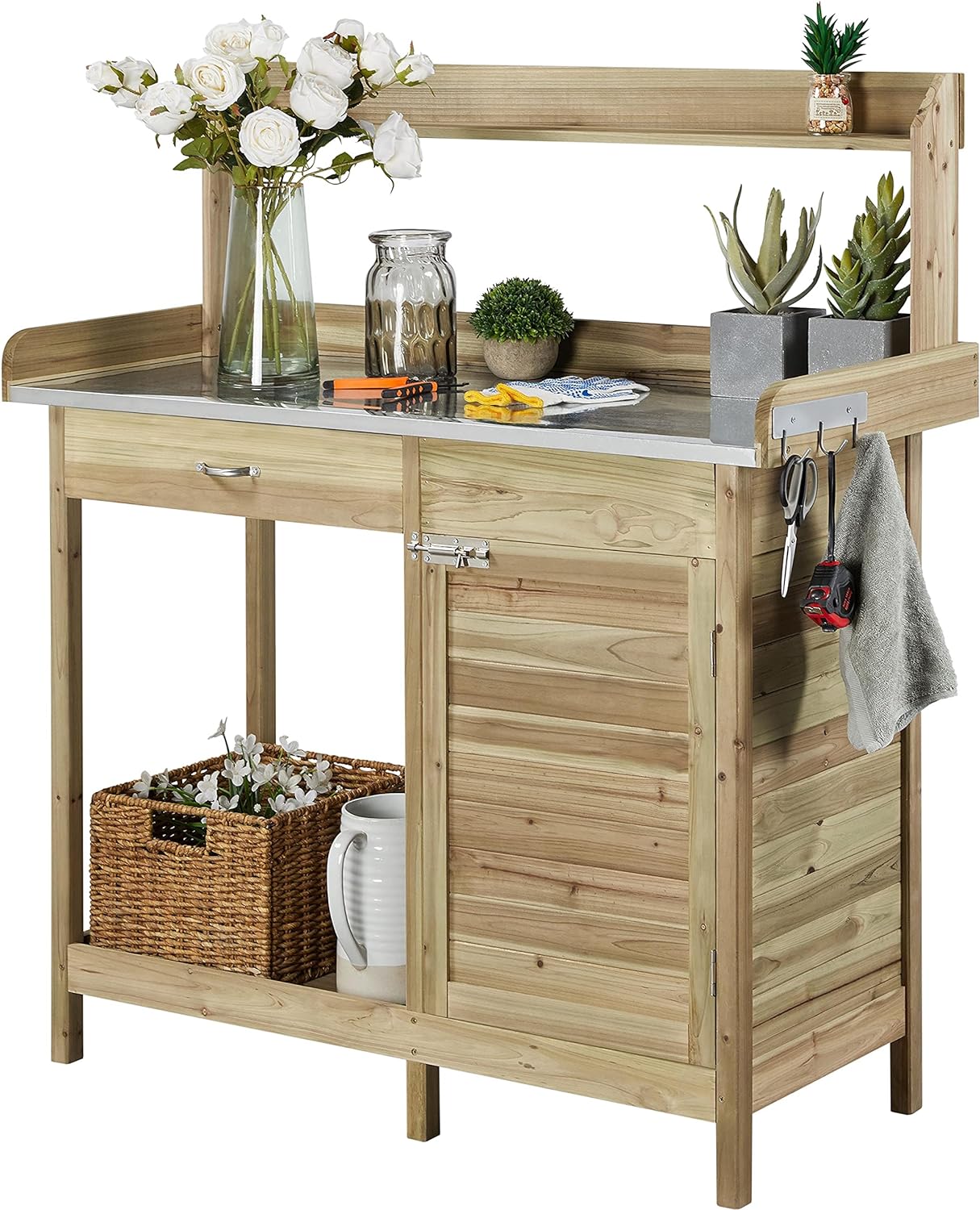 Table de rempotage d'extérieur Yaheetech, établi de jardin en métal avec plateau et tiroir