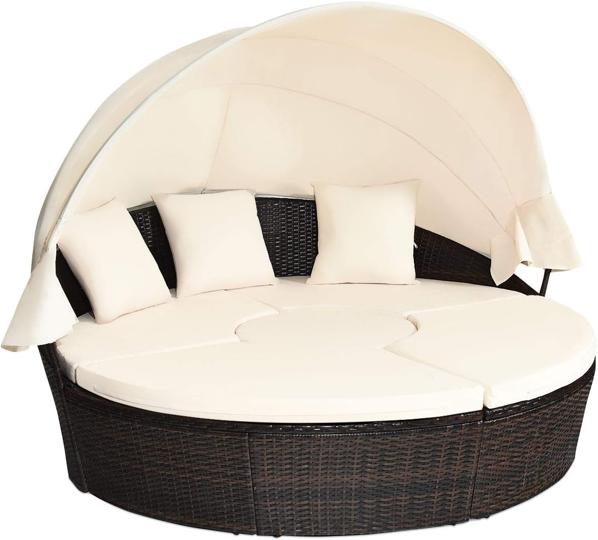Lit de jour d'extérieur, lit de jour rond en rotin avec auvent pare-soleil, ensemble de patio avec coussins et table basse réglable, mobilier de patio en rotin, convient aux terrasses de jardin, aux vérandas et aux abords de piscine (couleur verte)