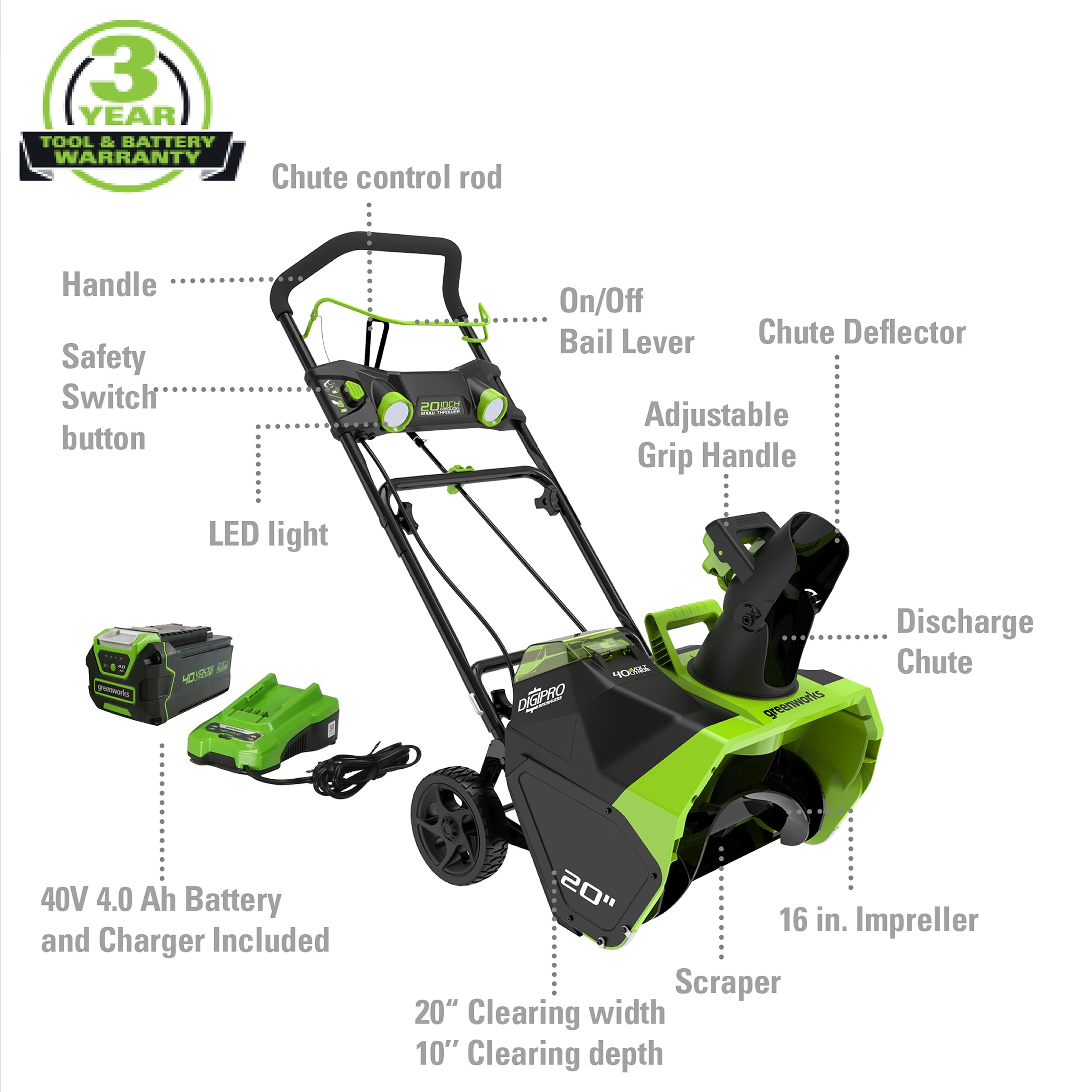 Souffleuse à neige sans fil Greenworks 40 V 20 po avec batterie et chargeur 4,0 Ah, lumières DEL et goulotte à 180°