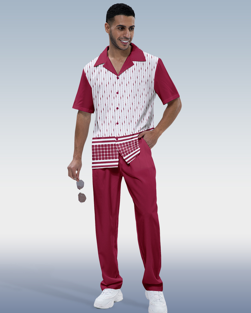 Costume deux pièces à manches courtes Suitmens pour homme, imprimé abstrait bordeaux