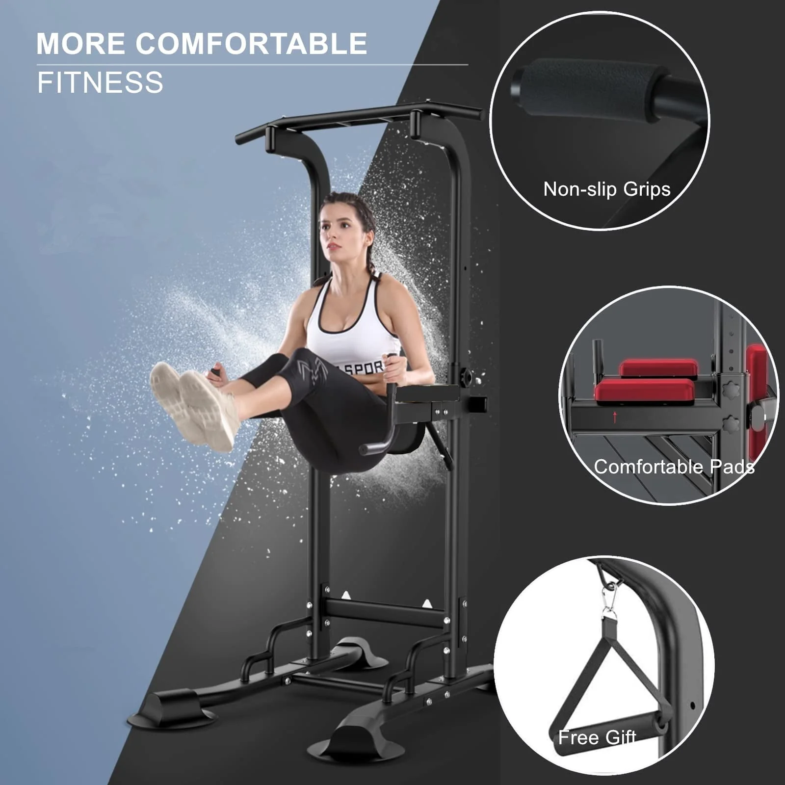 PROHIKER Power Tower Dip Station, Pull Up Bar Stand Power Rack with Backrest and Resistance Band, Height Adjustable Strength Training Equipment for Fitness Home Workout, Black Image 3