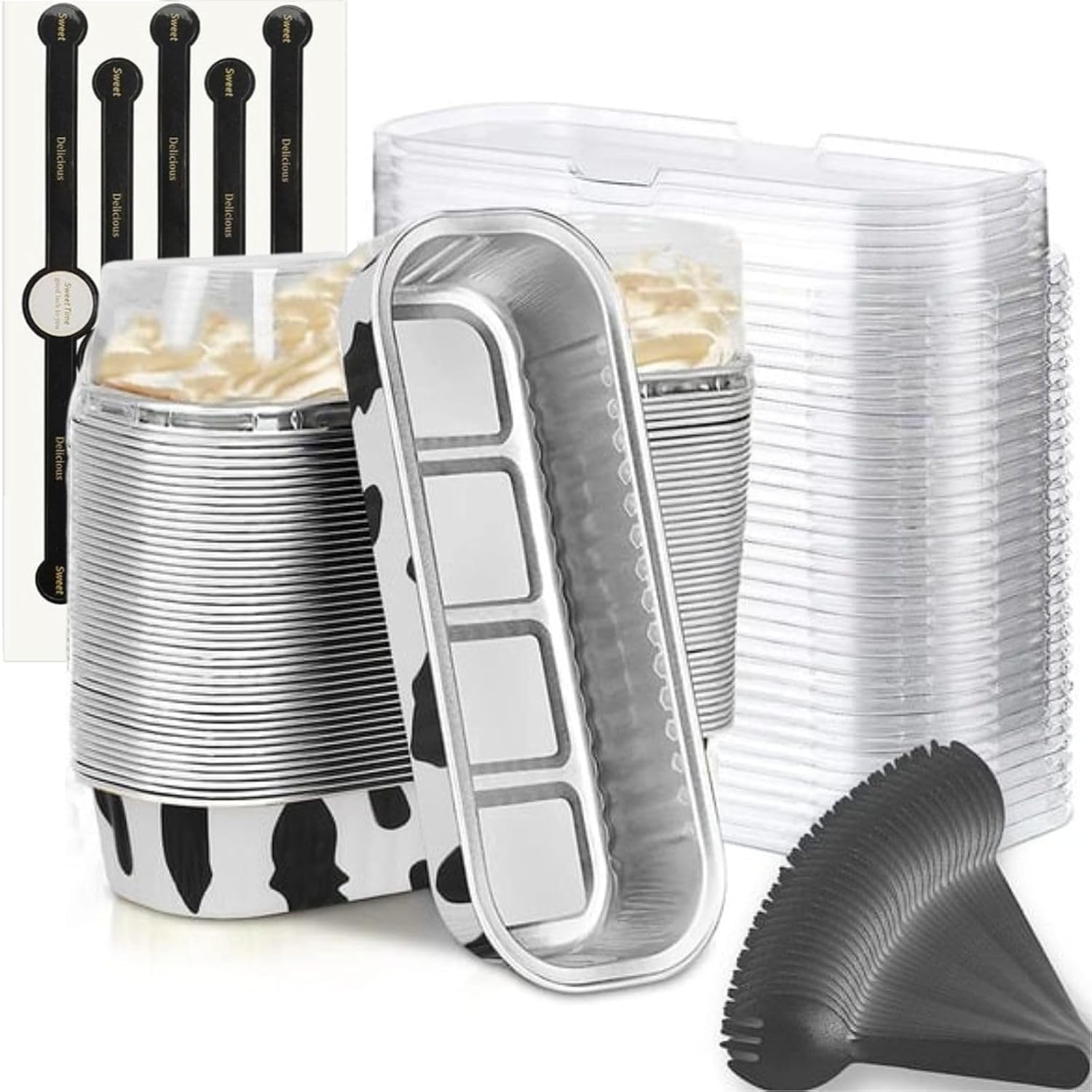 Findful Mini Loaf Baking Pans with Lids and Spoons (50 Pack, 6.8oz) Rectangular Aluminum Foil Baking Pans Tins Containers - Cupcake Containers Wrappers Cheesecake Creme Brulee Ramekins